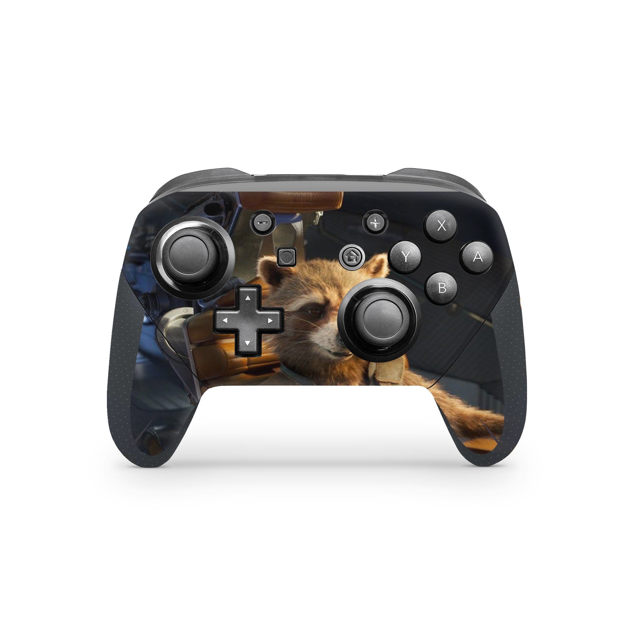 A video game skin featuring a Marvel Guardians of the Galaxy Rocket design for the Switch Pro Controller.