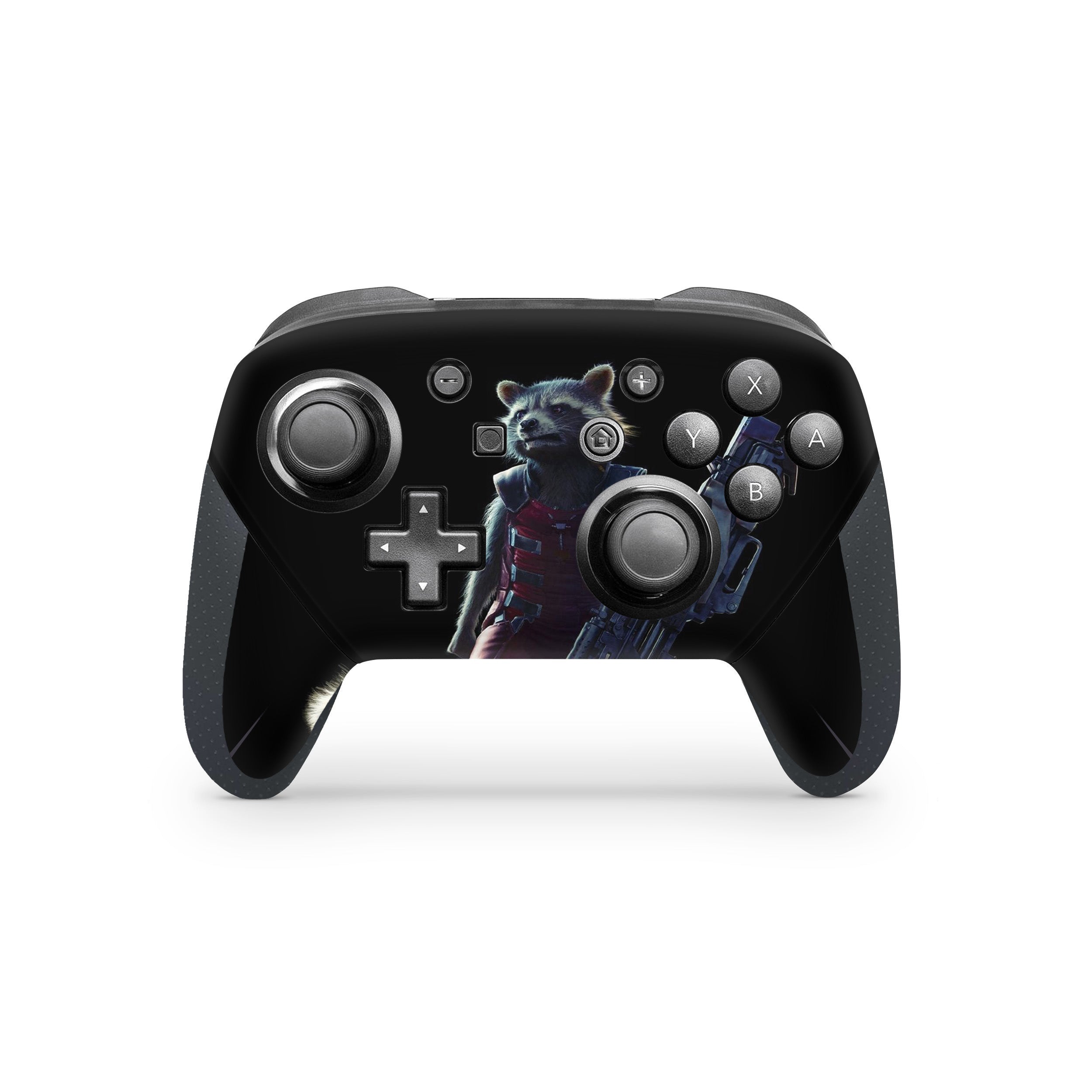 A video game skin featuring a Marvel Guardians of the Galaxy Rocket design for the Switch Pro Controller.