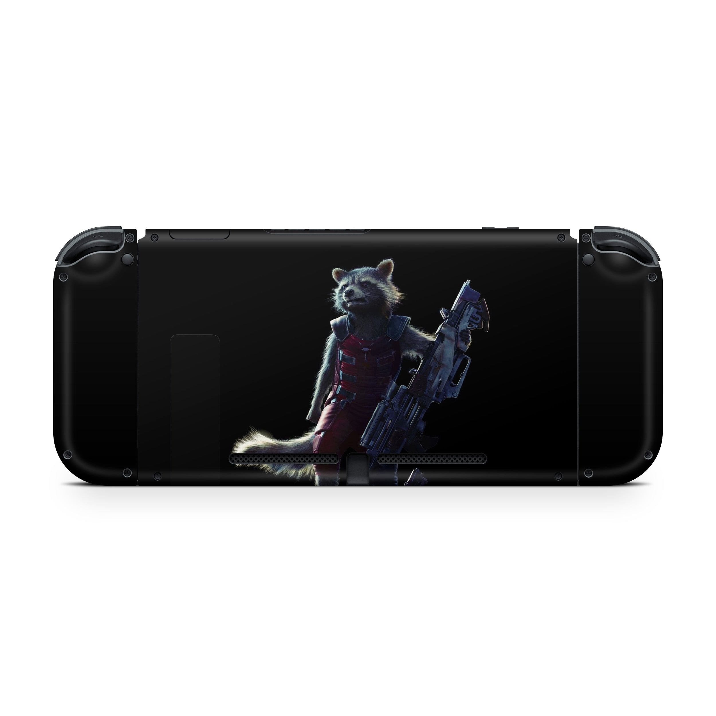 A video game skin featuring a Marvel Guardians of the Galaxy Rocket design for the Nintendo Switch.