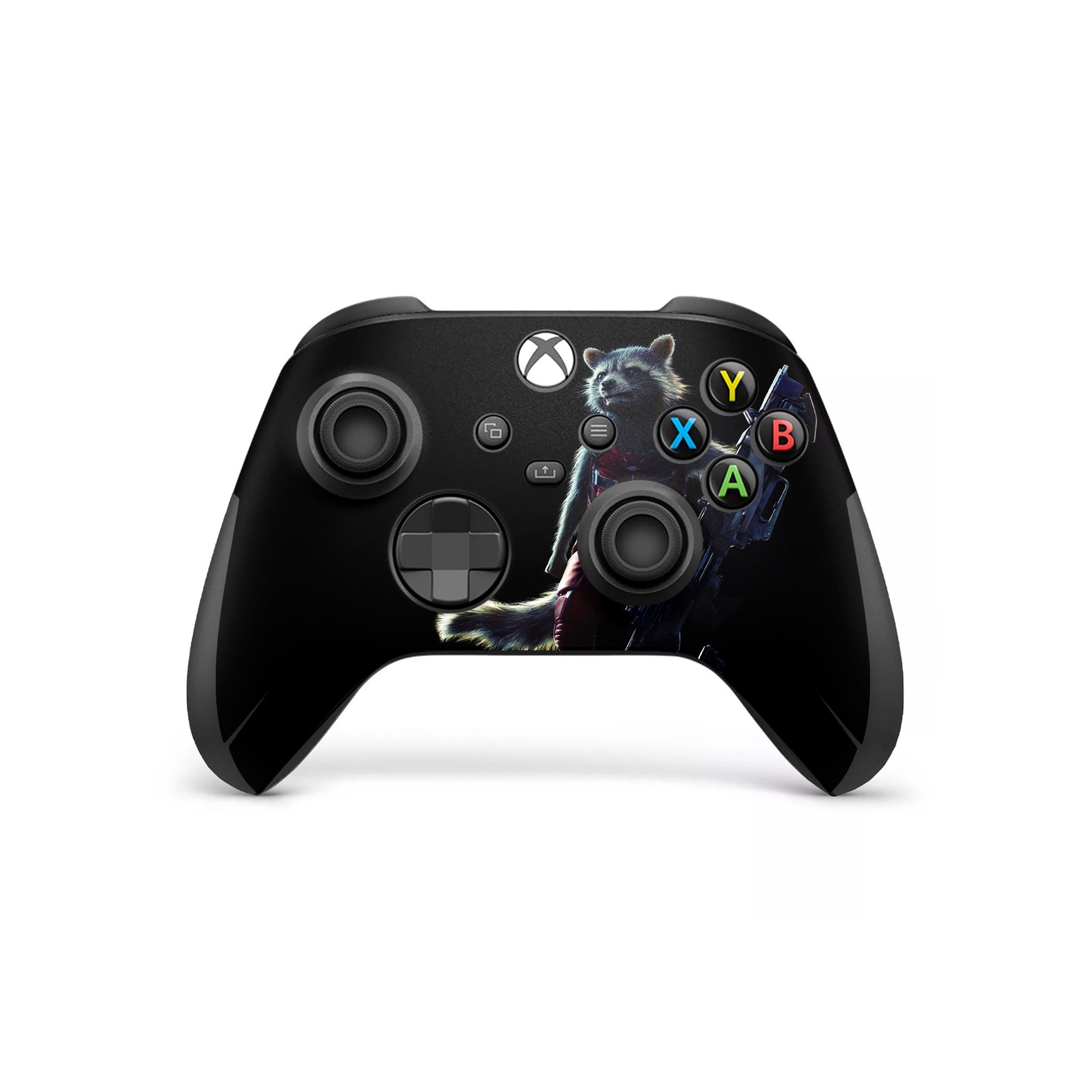 A video game skin featuring a Marvel Guardians of the Galaxy Rocket design for the Xbox Wireless Controller.