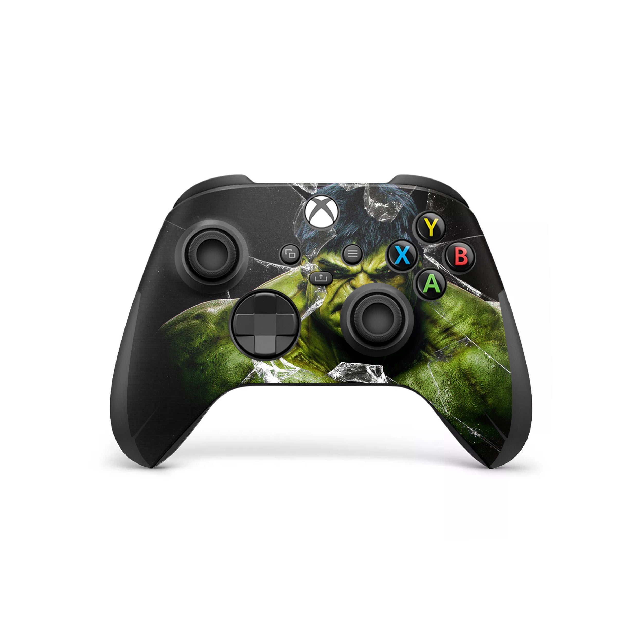 A video game skin featuring a Marvel Hulk design for the Xbox Wireless Controller.