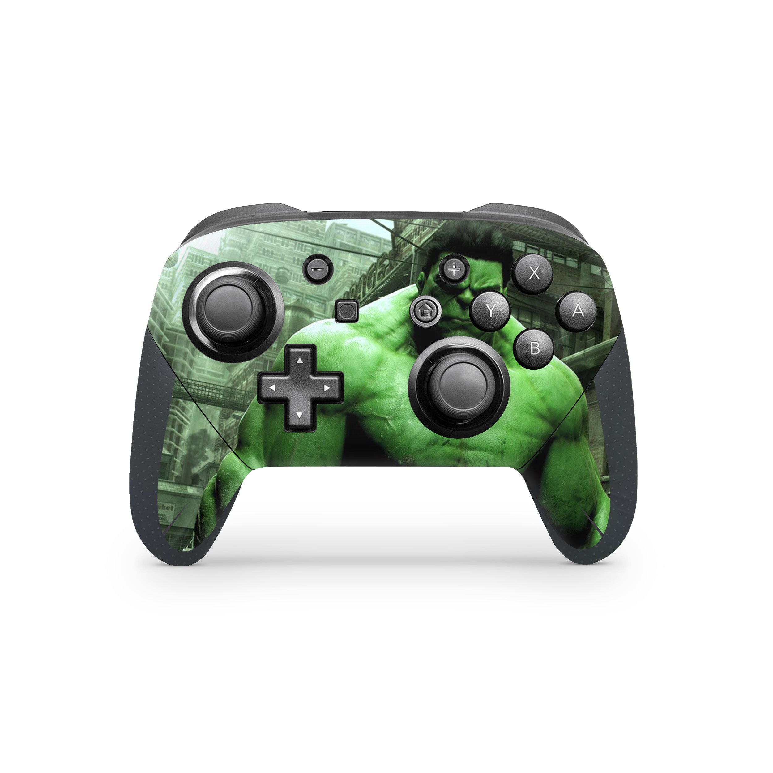 A video game skin featuring a Marvel Hulk design for the Switch Pro Controller.