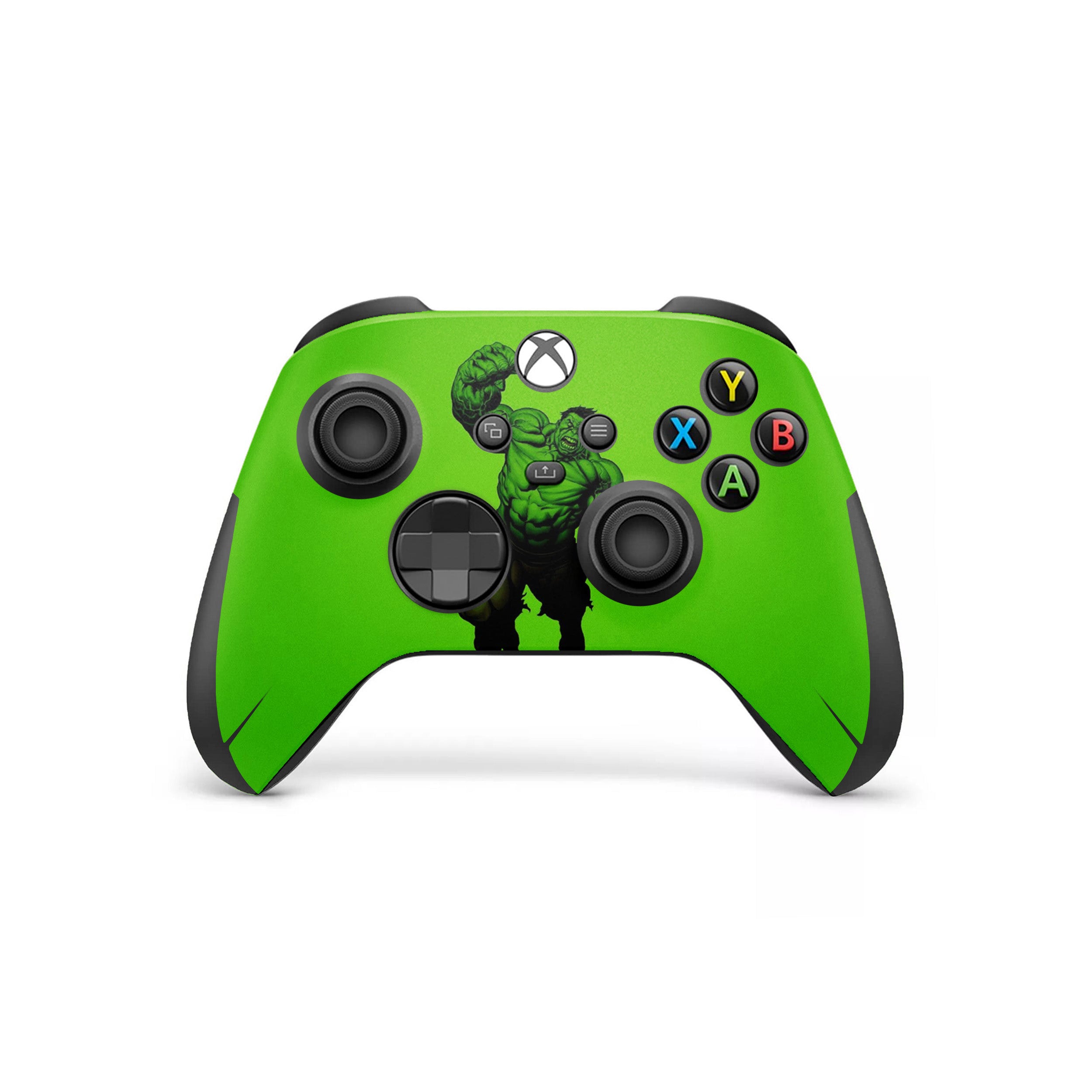 A video game skin featuring a Marvel Hulk design for the Xbox Wireless Controller.