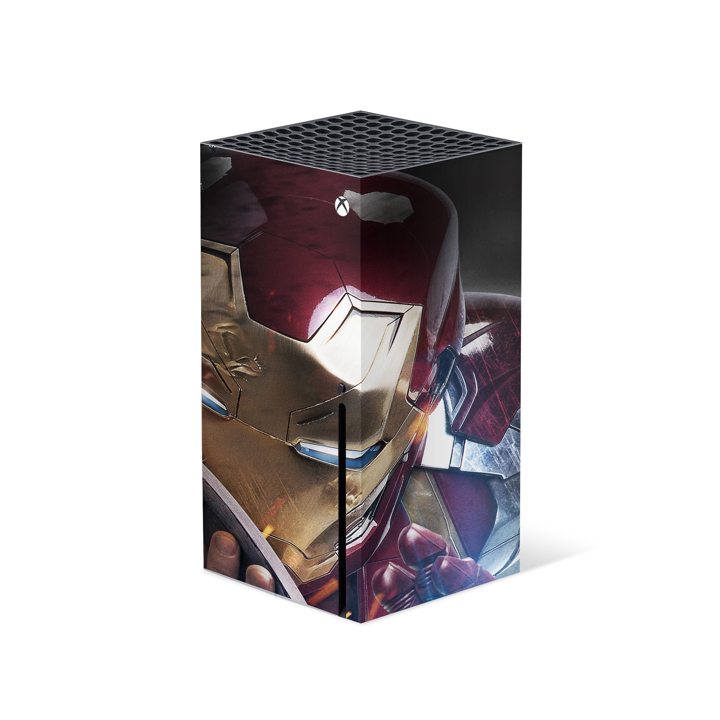 A video game skin featuring a Marvel Iron Man design for the Xbox Series X.
