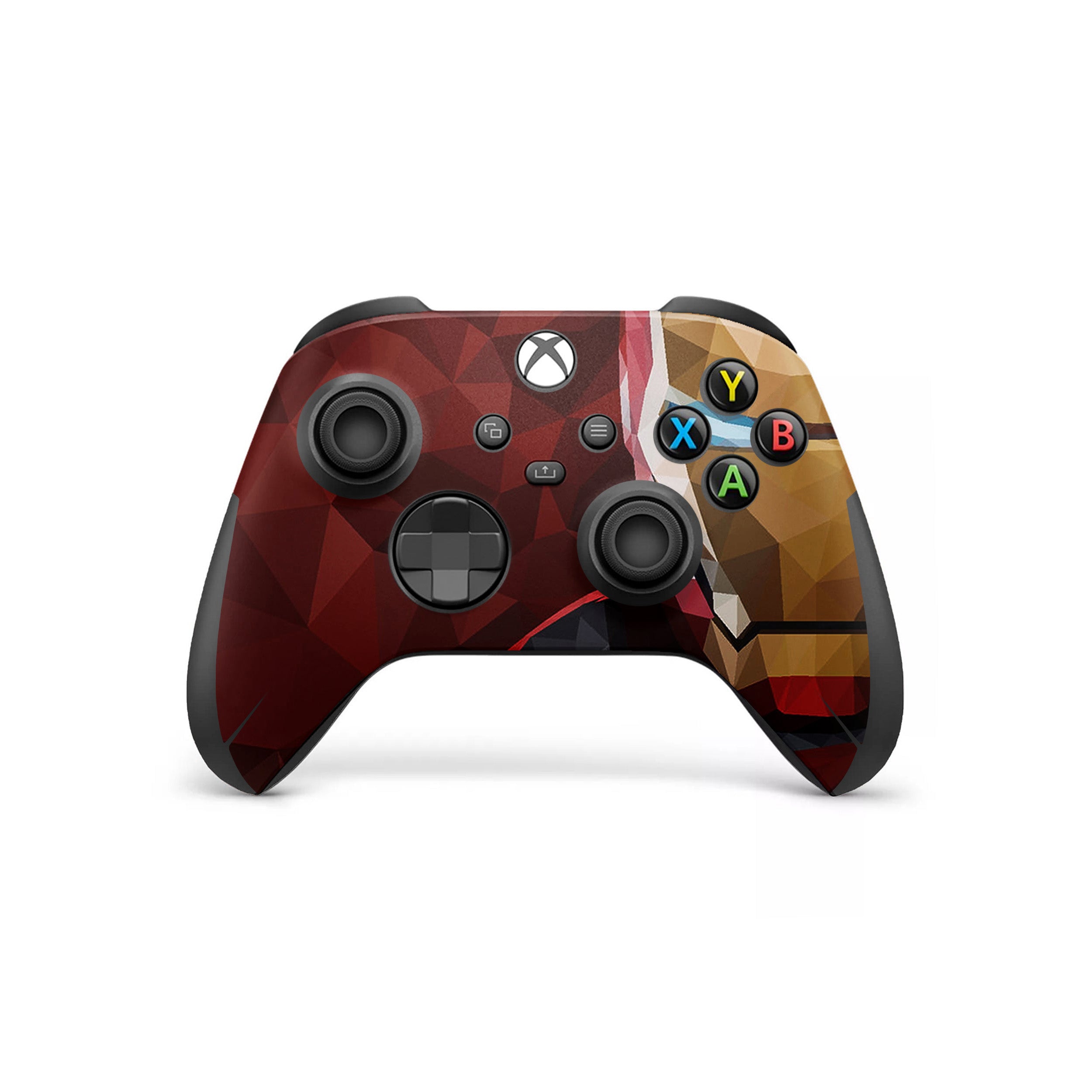 A video game skin featuring a Marvel Iron Man design for the Xbox Wireless Controller.