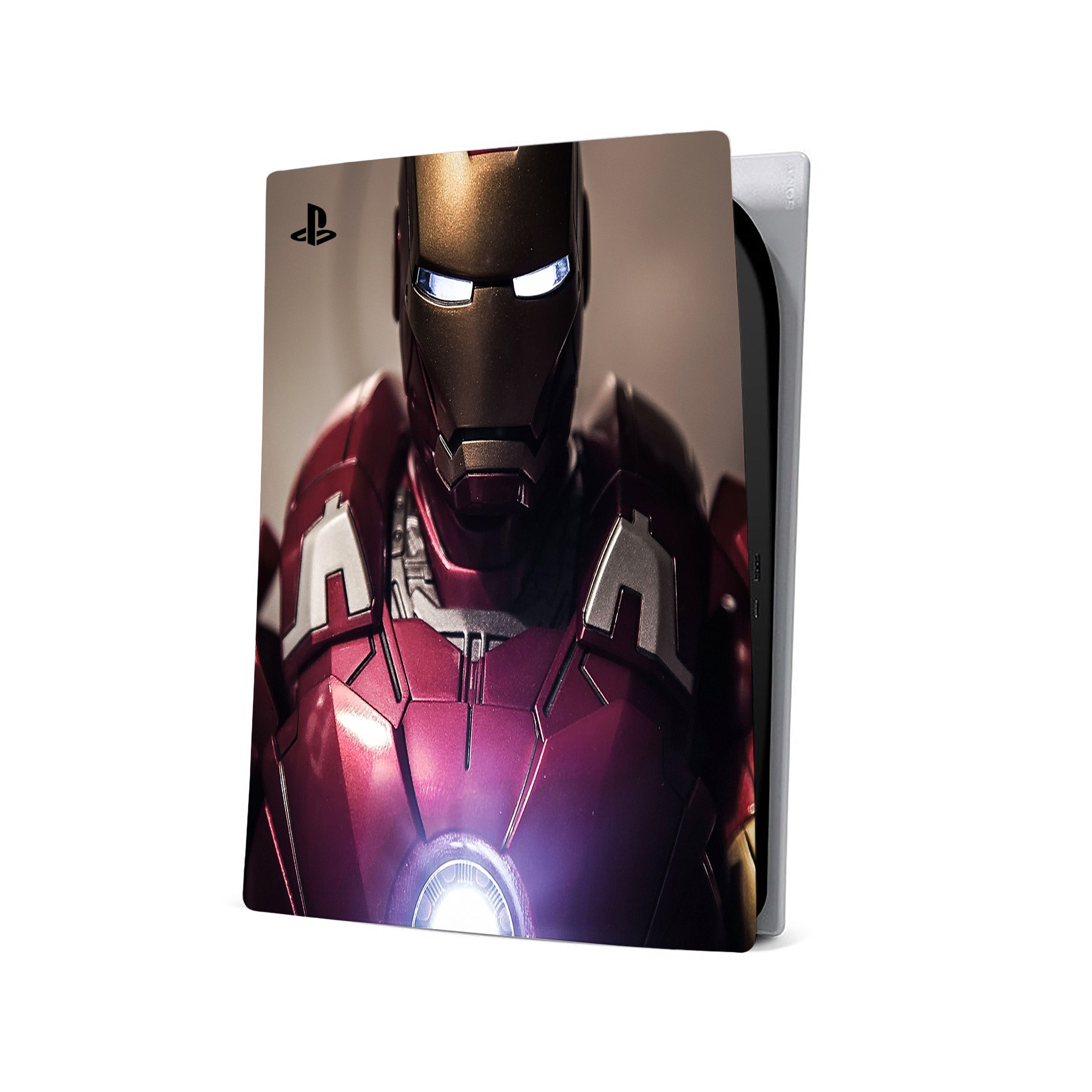 A video game skin featuring a Marvel Iron Man design for the PS5.