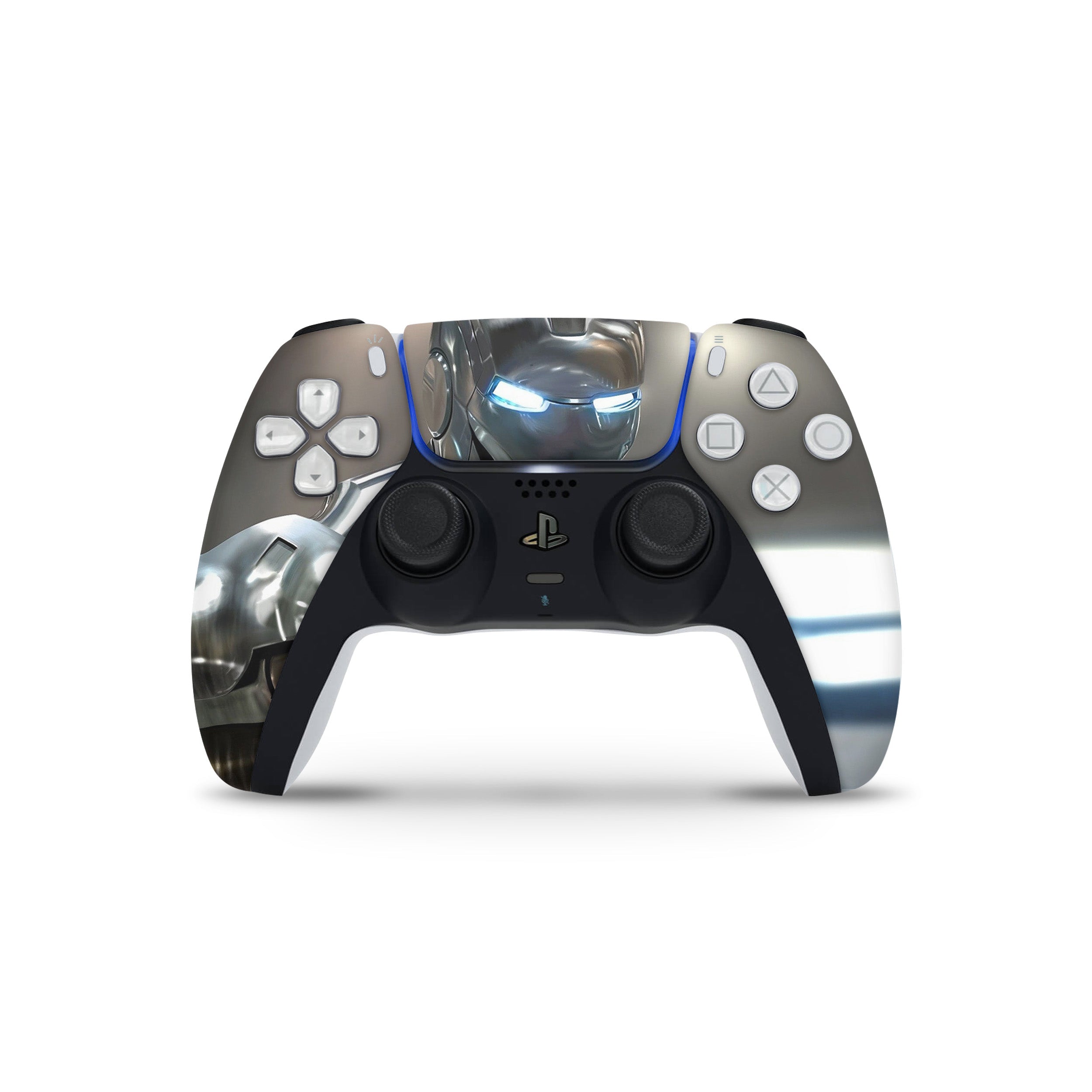 A video game skin featuring a Marvel Iron Man design for the PS5 DualSense Controller.