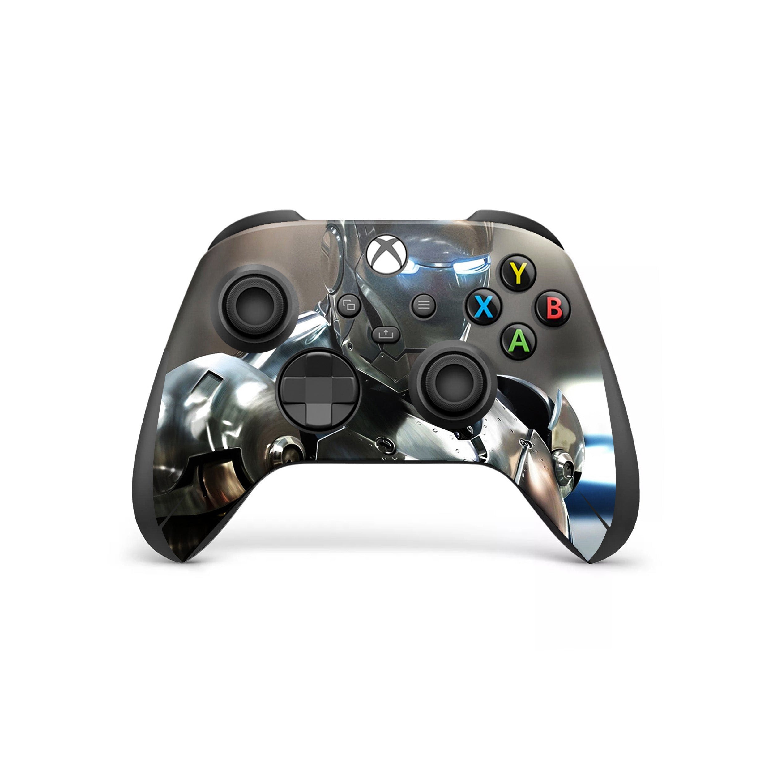 A video game skin featuring a Marvel Iron Man design for the Xbox Wireless Controller.