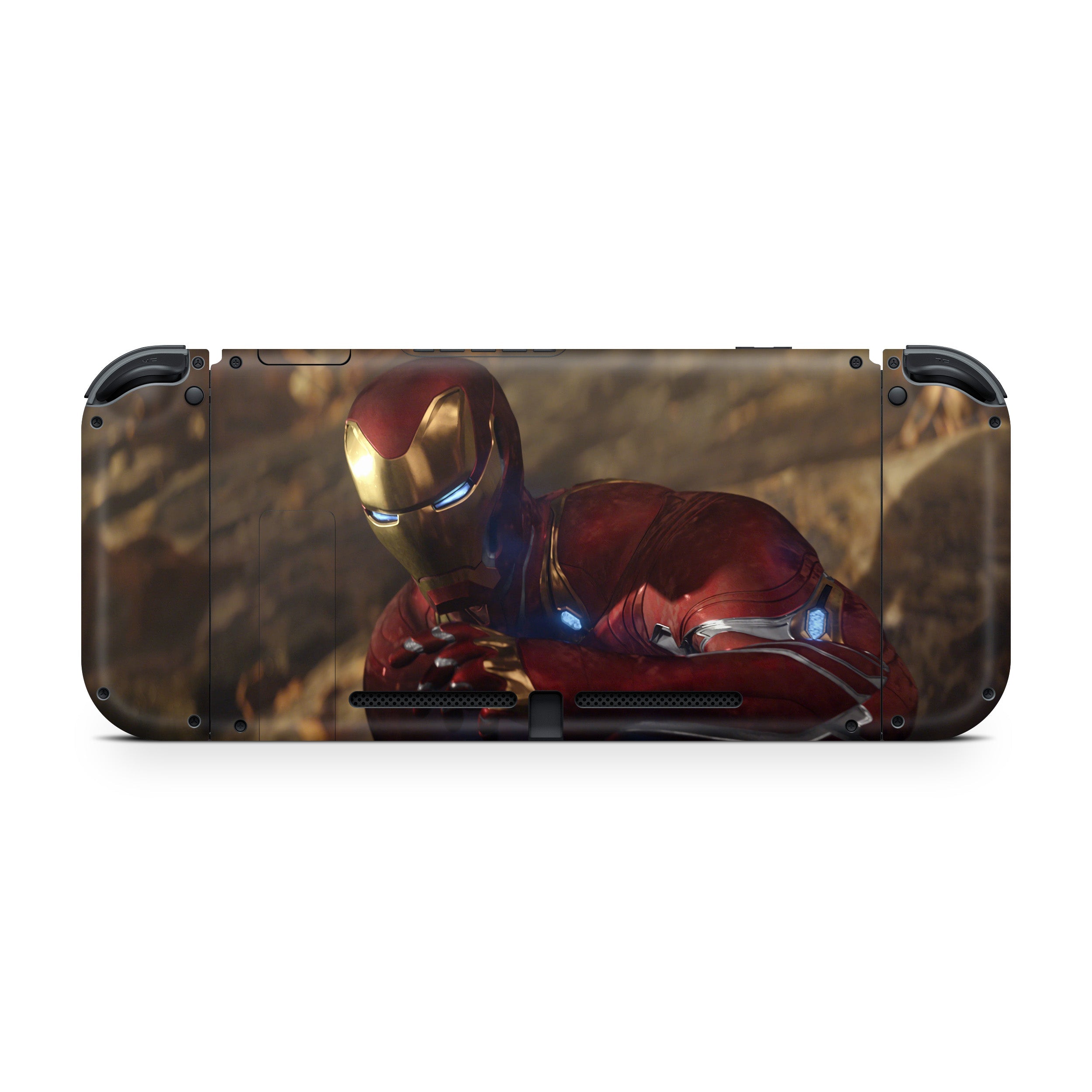 A video game skin featuring a Marvel Iron Man design for the Nintendo Switch.