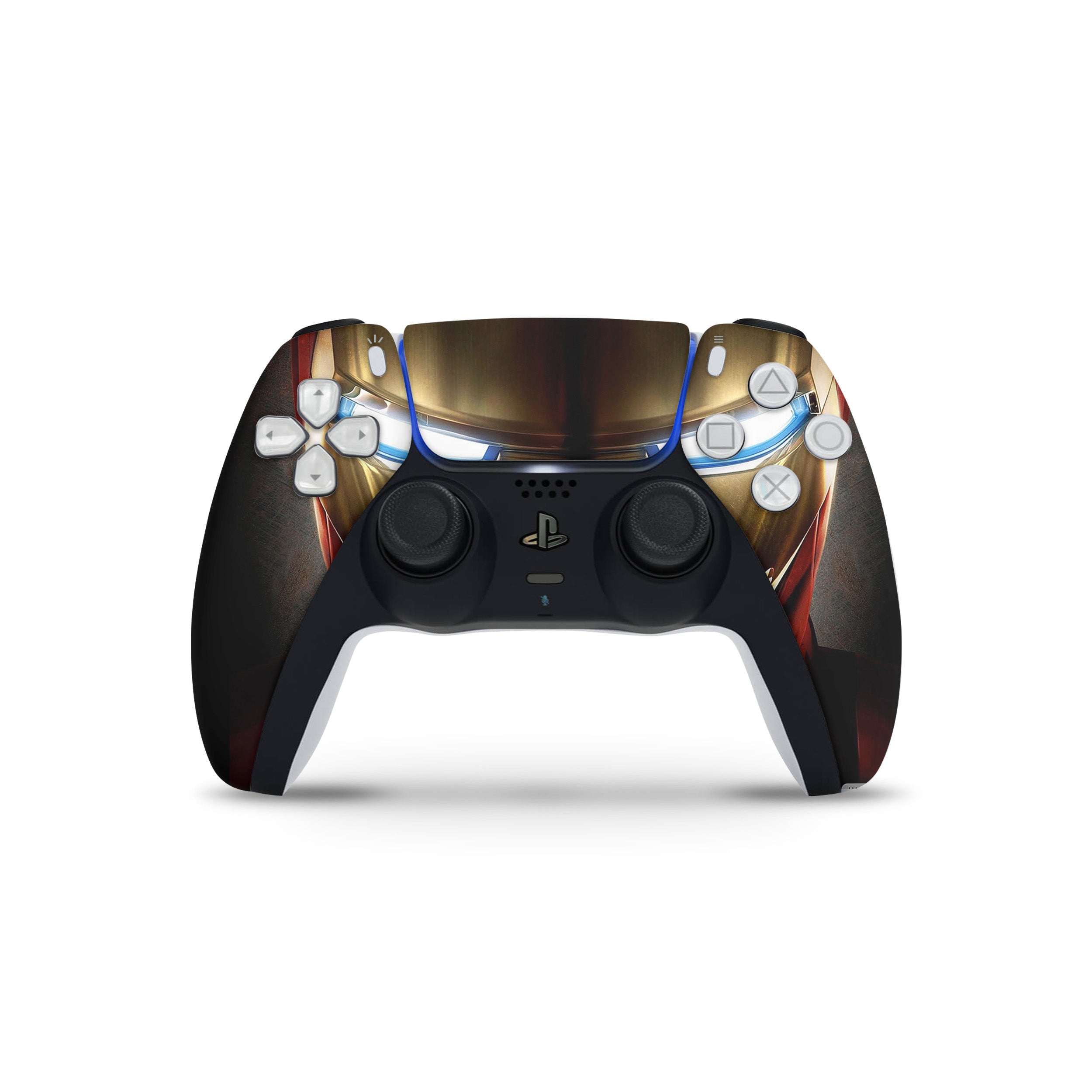 A video game skin featuring a Marvel Iron Man design for the PS5 DualSense Controller.