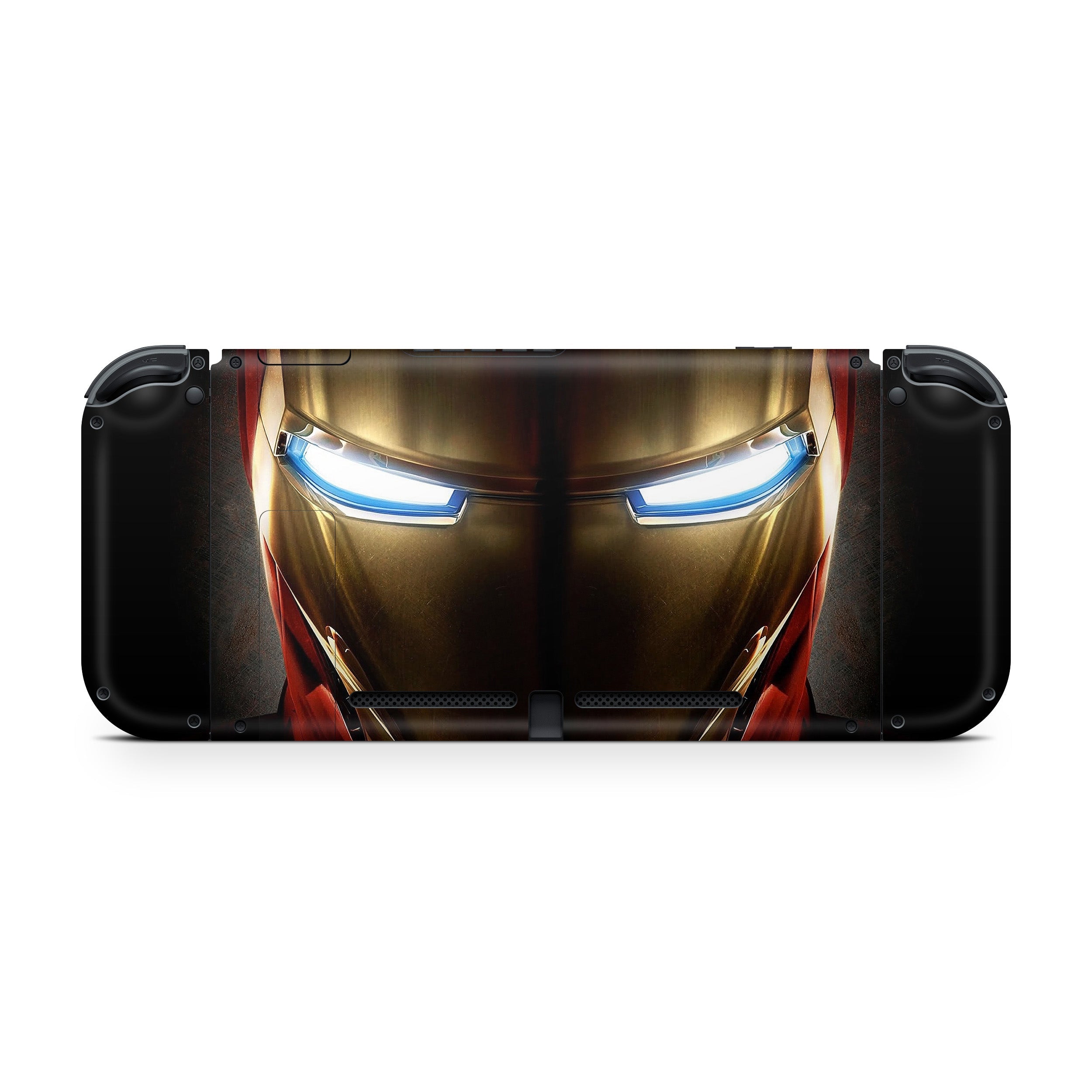 A video game skin featuring a Marvel Iron Man design for the Nintendo Switch.