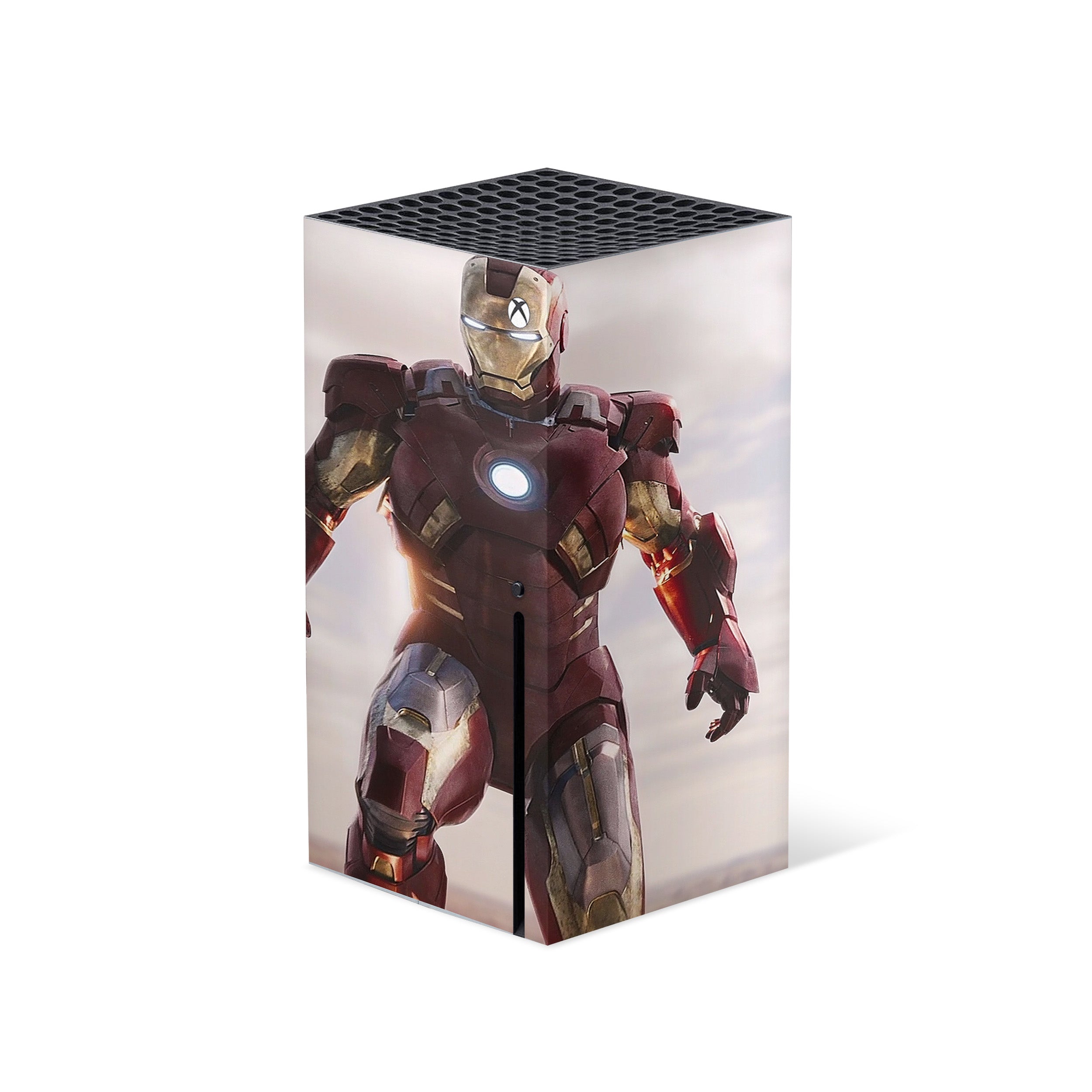 A video game skin featuring a Marvel Iron Man design for the Xbox Series X.