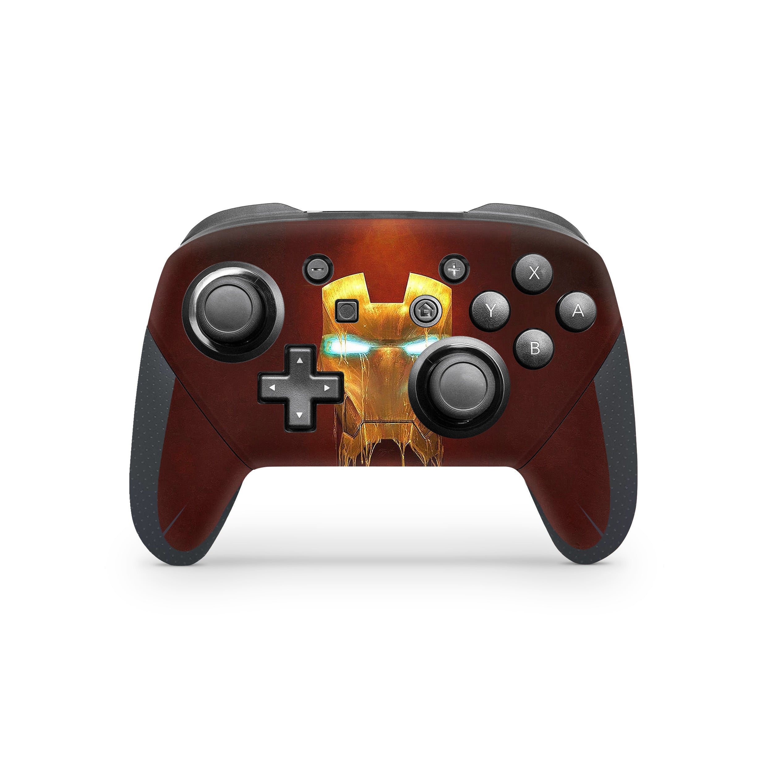 A video game skin featuring a Marvel Iron Man design for the Switch Pro Controller.