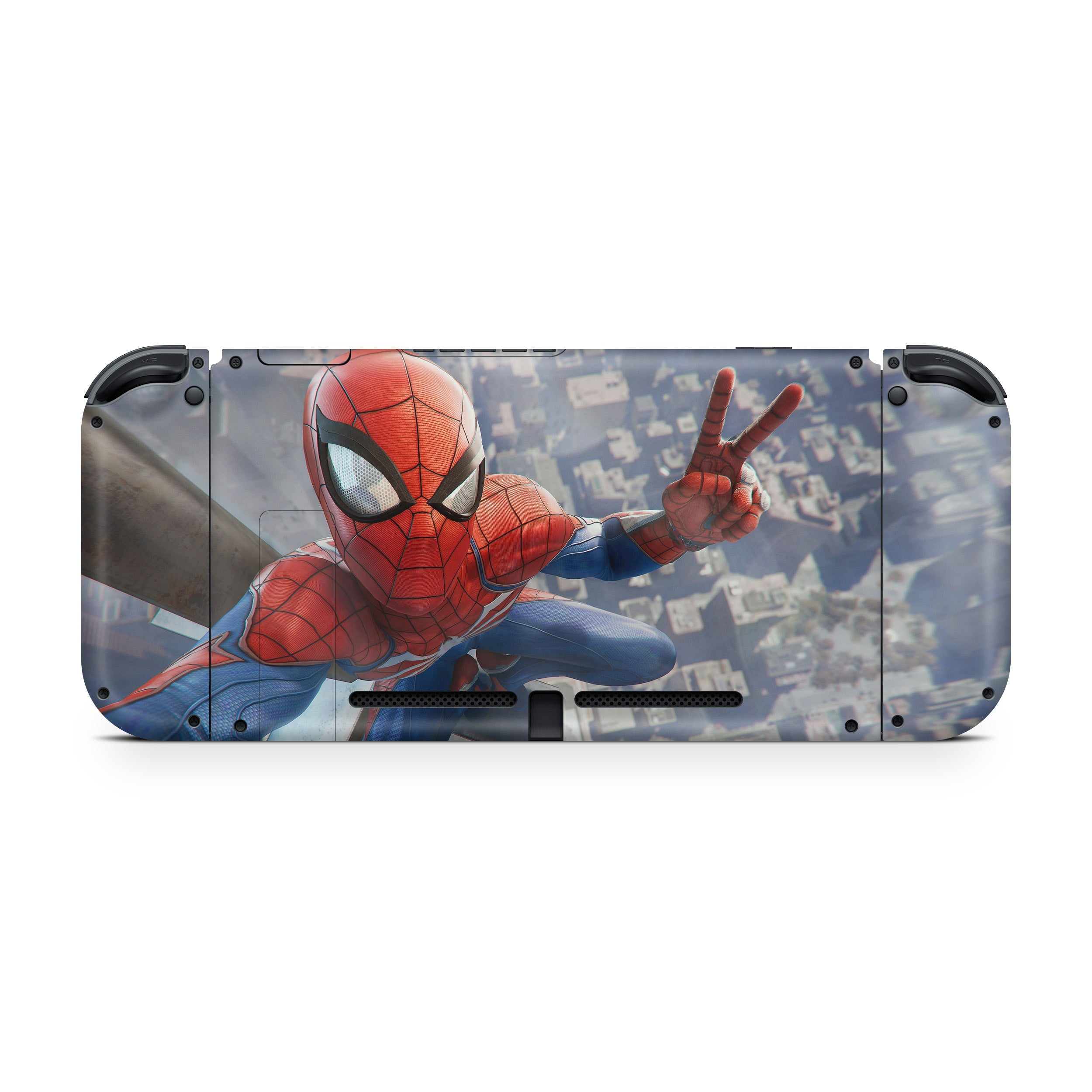 A video game skin featuring a Marvel Spiderman design for the Nintendo Switch.