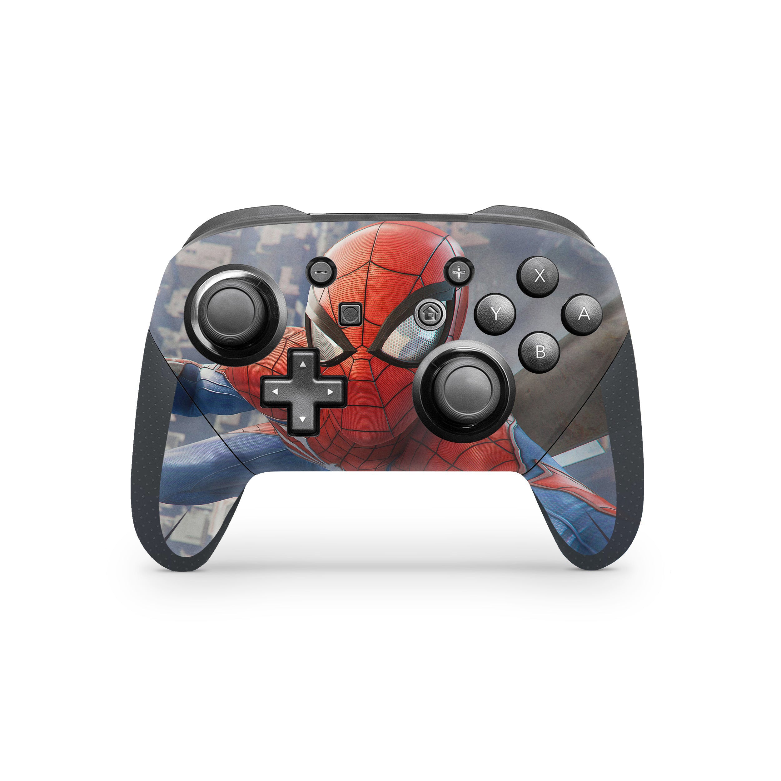 A video game skin featuring a Marvel Spiderman design for the Switch Pro Controller.