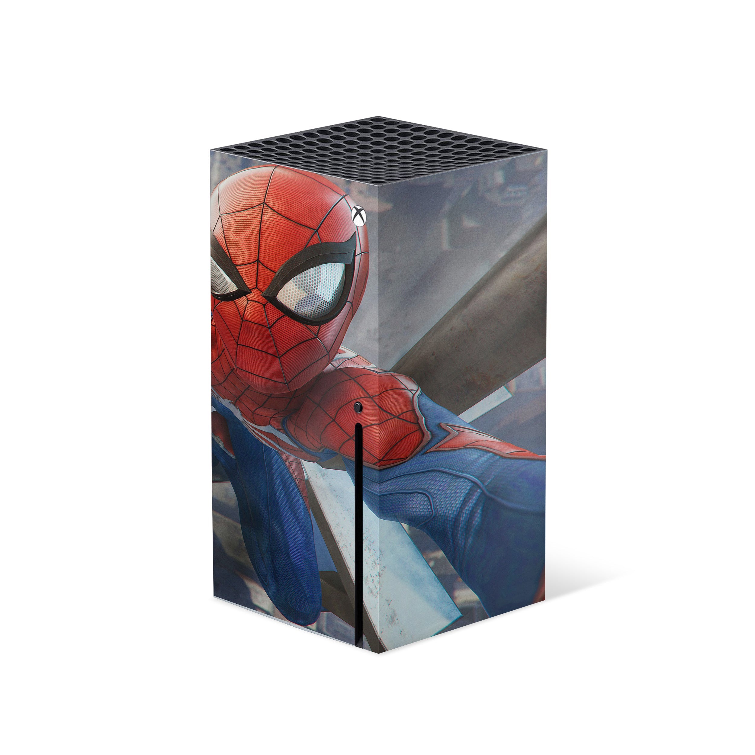 A video game skin featuring a Marvel Spiderman design for the Xbox Series X.