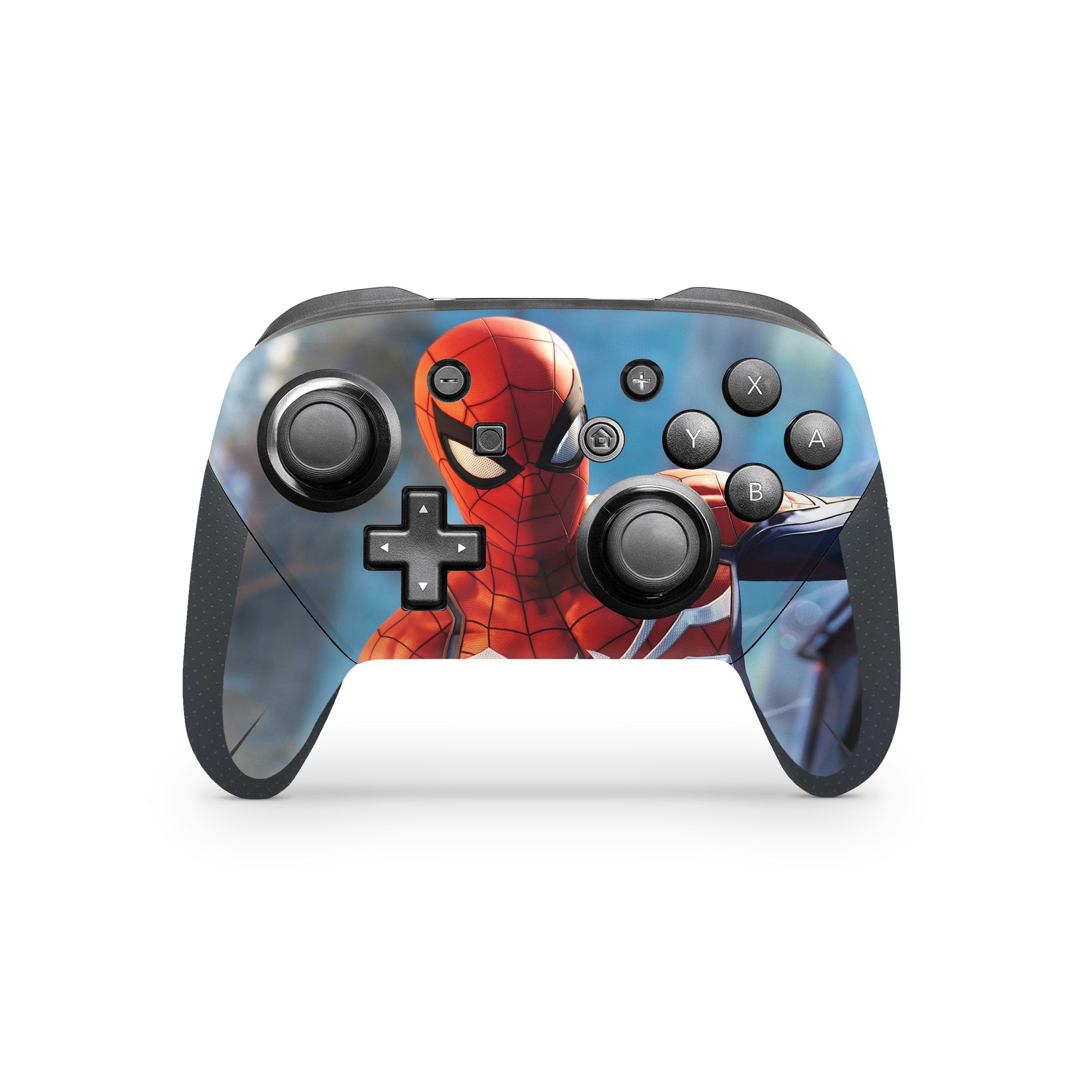 A video game skin featuring a Marvel Spiderman design for the Switch Pro Controller.