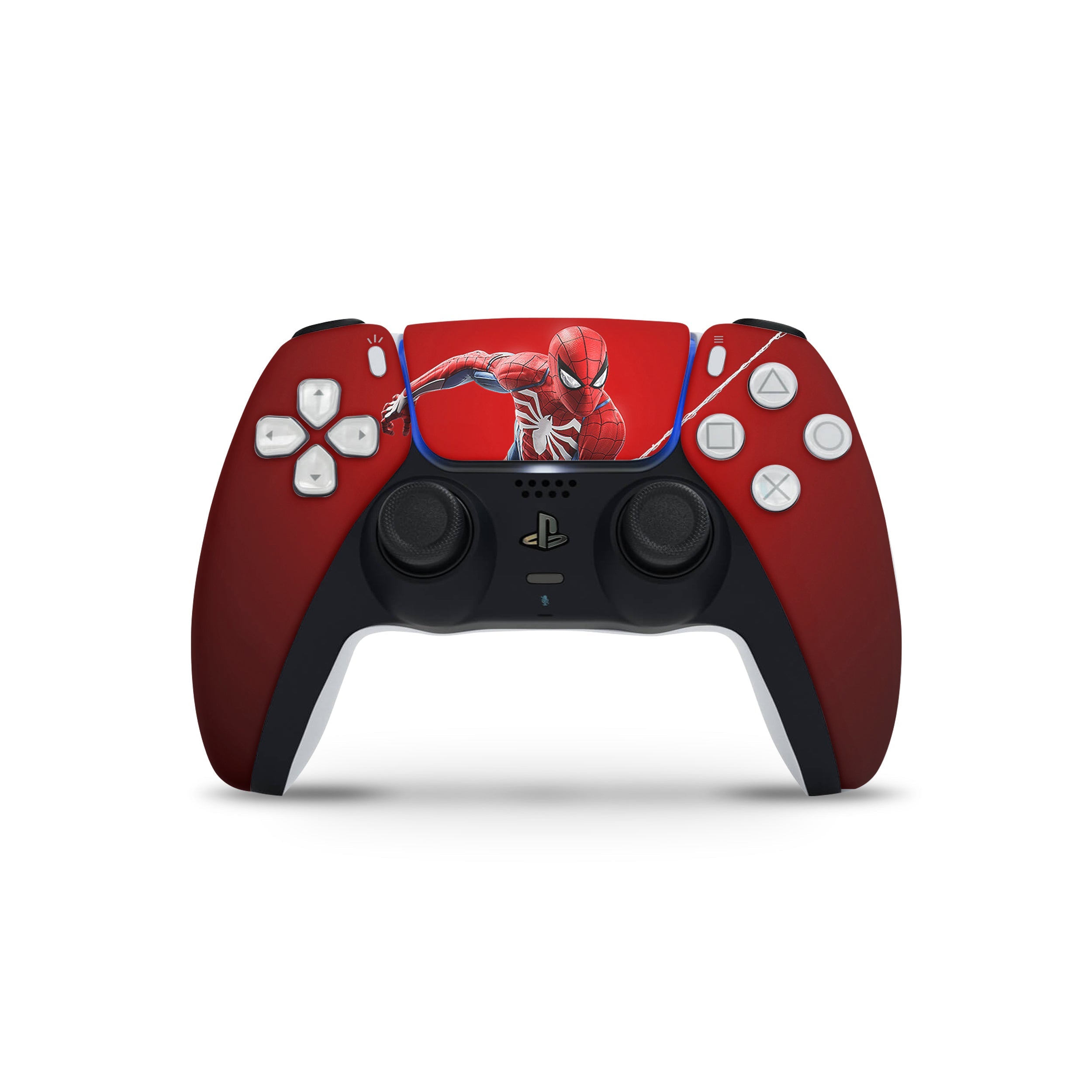 A video game skin featuring a Marvel Spiderman design for the PS5 DualSense Controller.