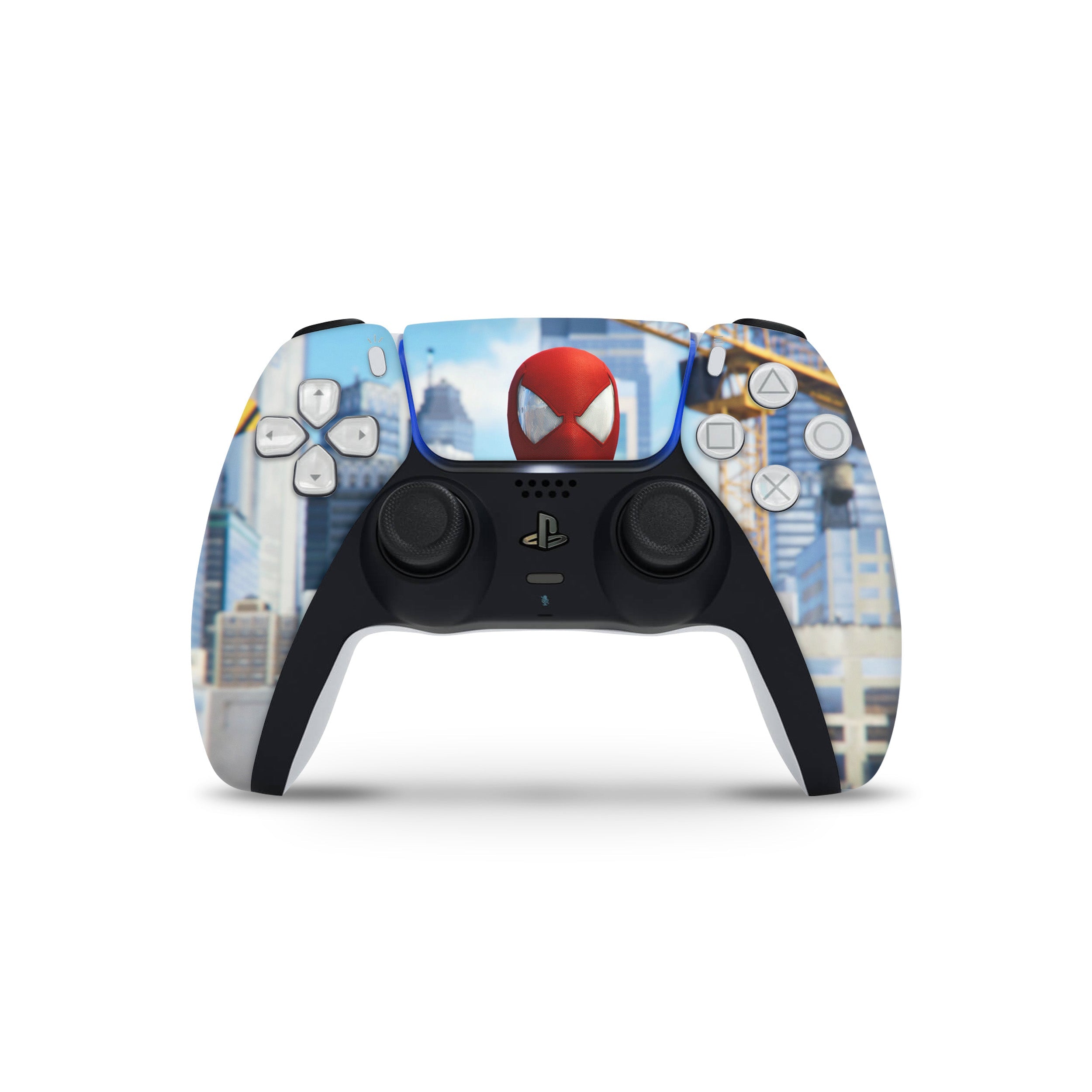 A video game skin featuring a Marvel Spiderman design for the PS5 DualSense Controller.