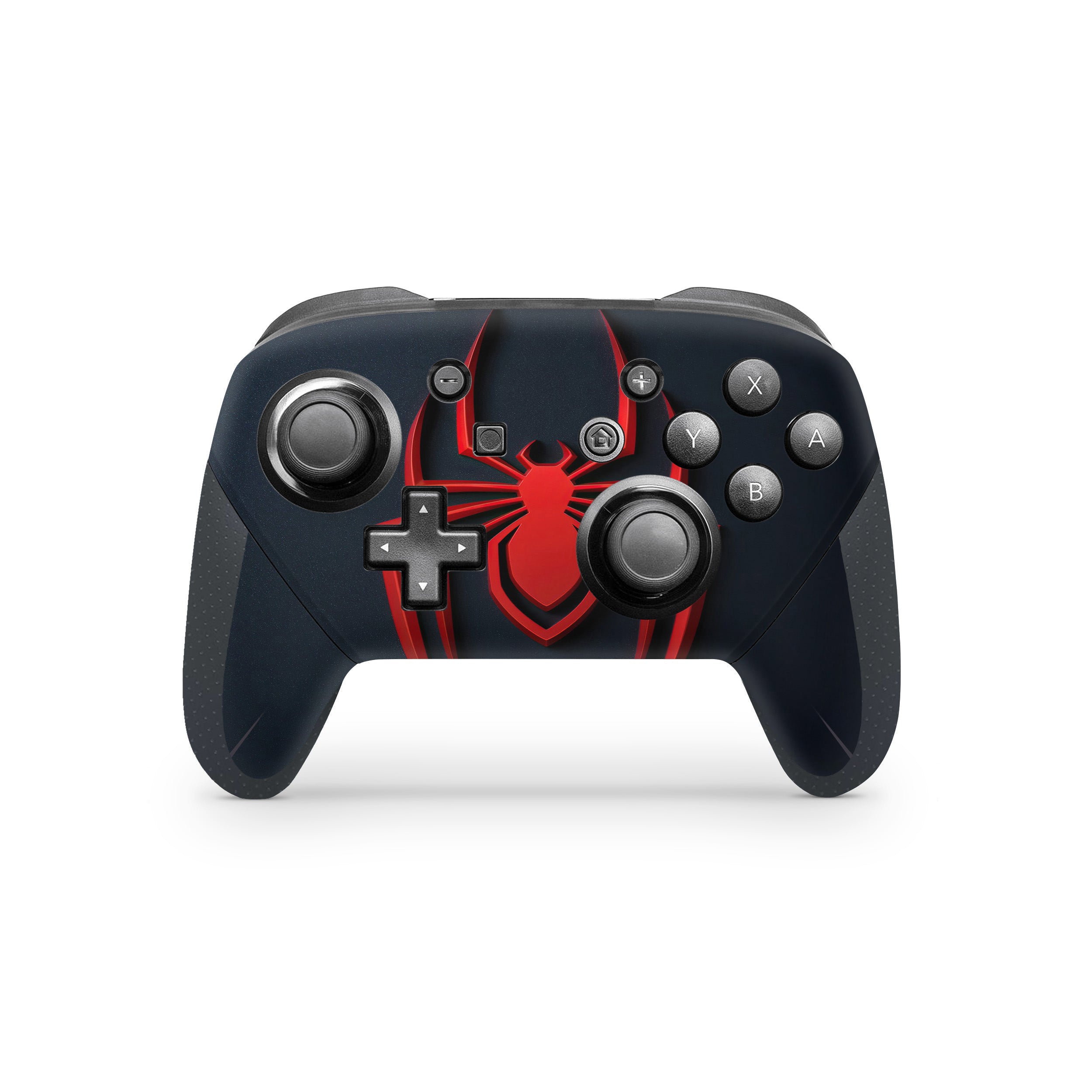 A video game skin featuring a Marvel Spiderman Miles Morales design for the Switch Pro Controller.