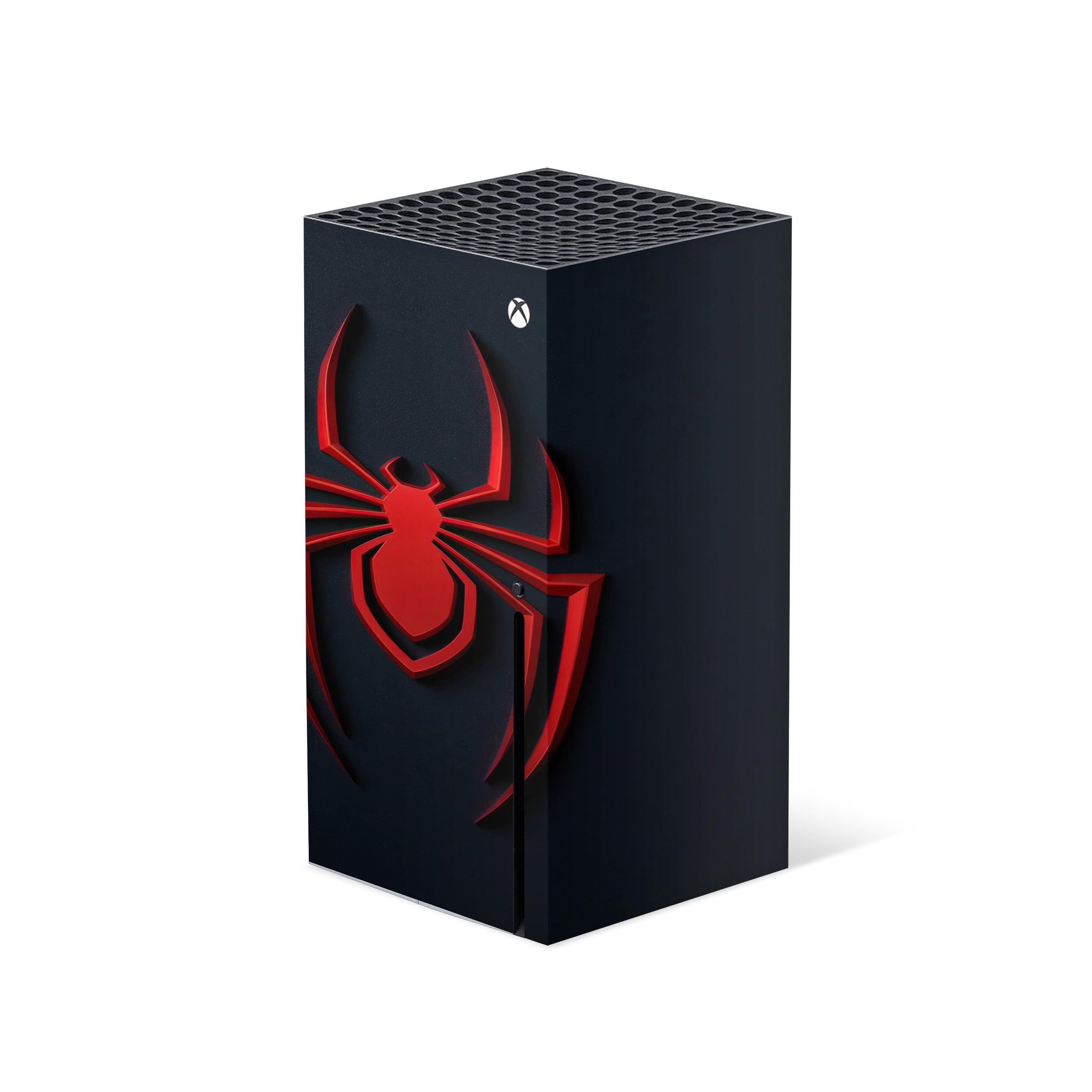 A video game skin featuring a Marvel Spiderman Miles Morales design for the Xbox Series X.