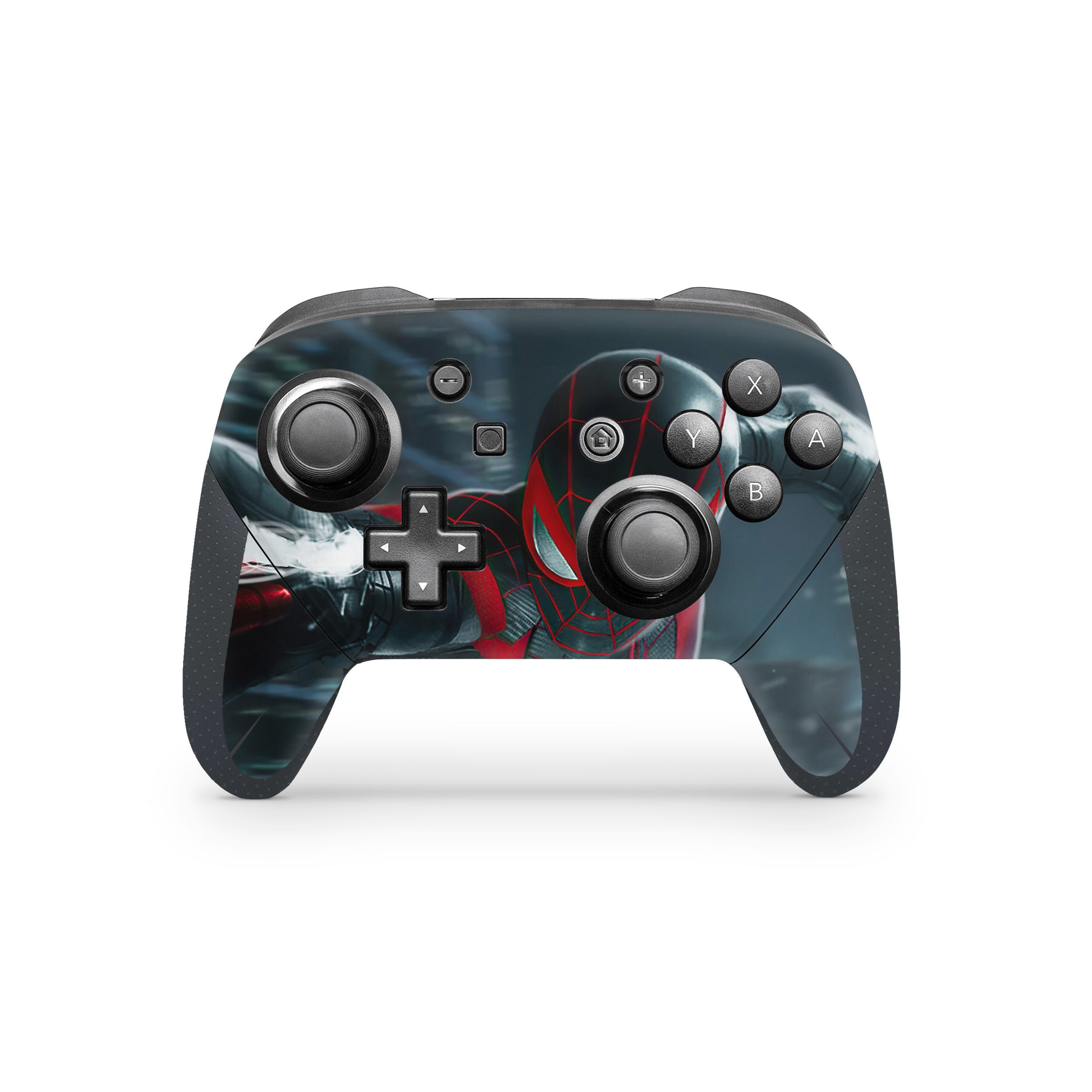 A video game skin featuring a Marvel Spiderman Miles Morales design for the Switch Pro Controller.