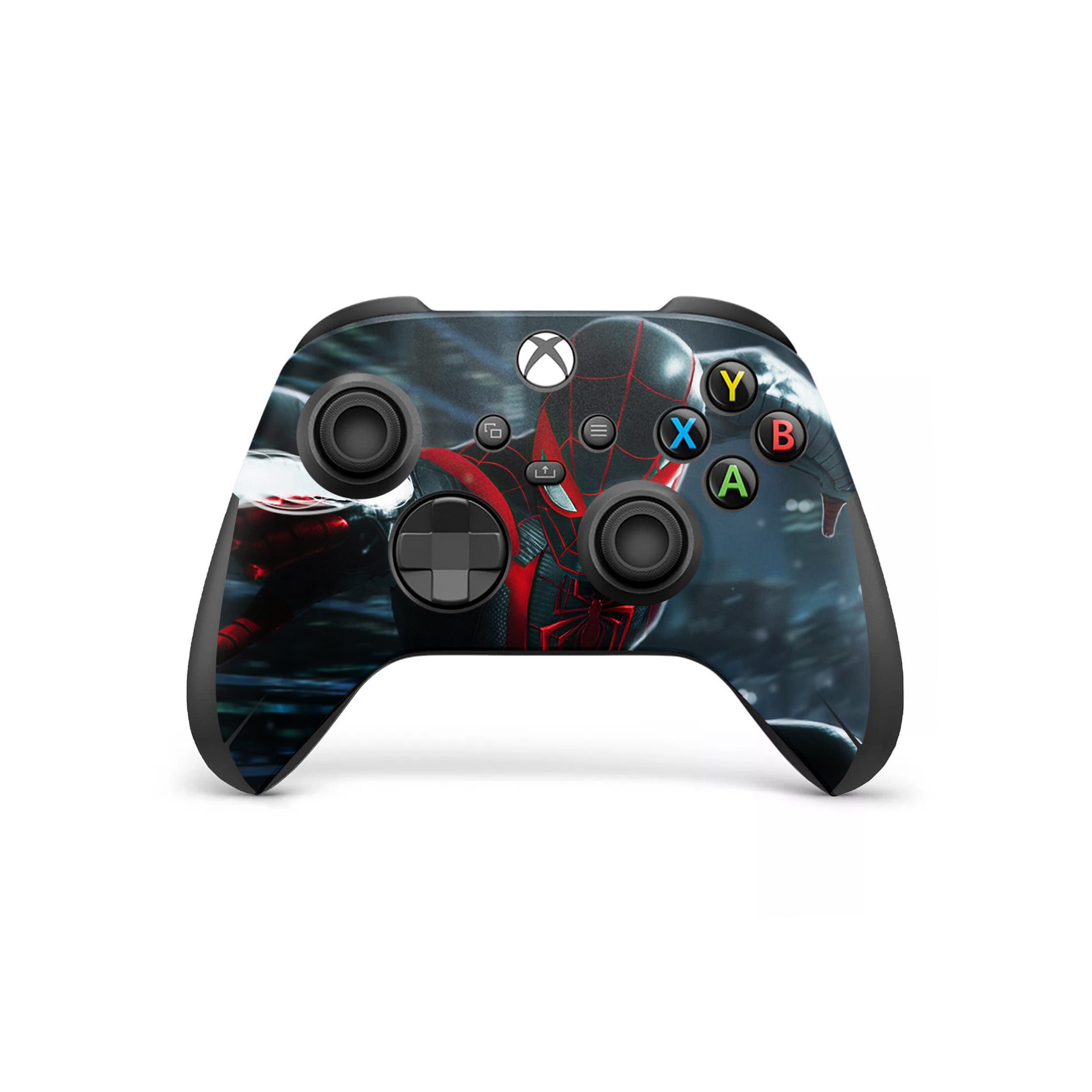 A video game skin featuring a Marvel Spiderman Miles Morales design for the Xbox Wireless Controller.