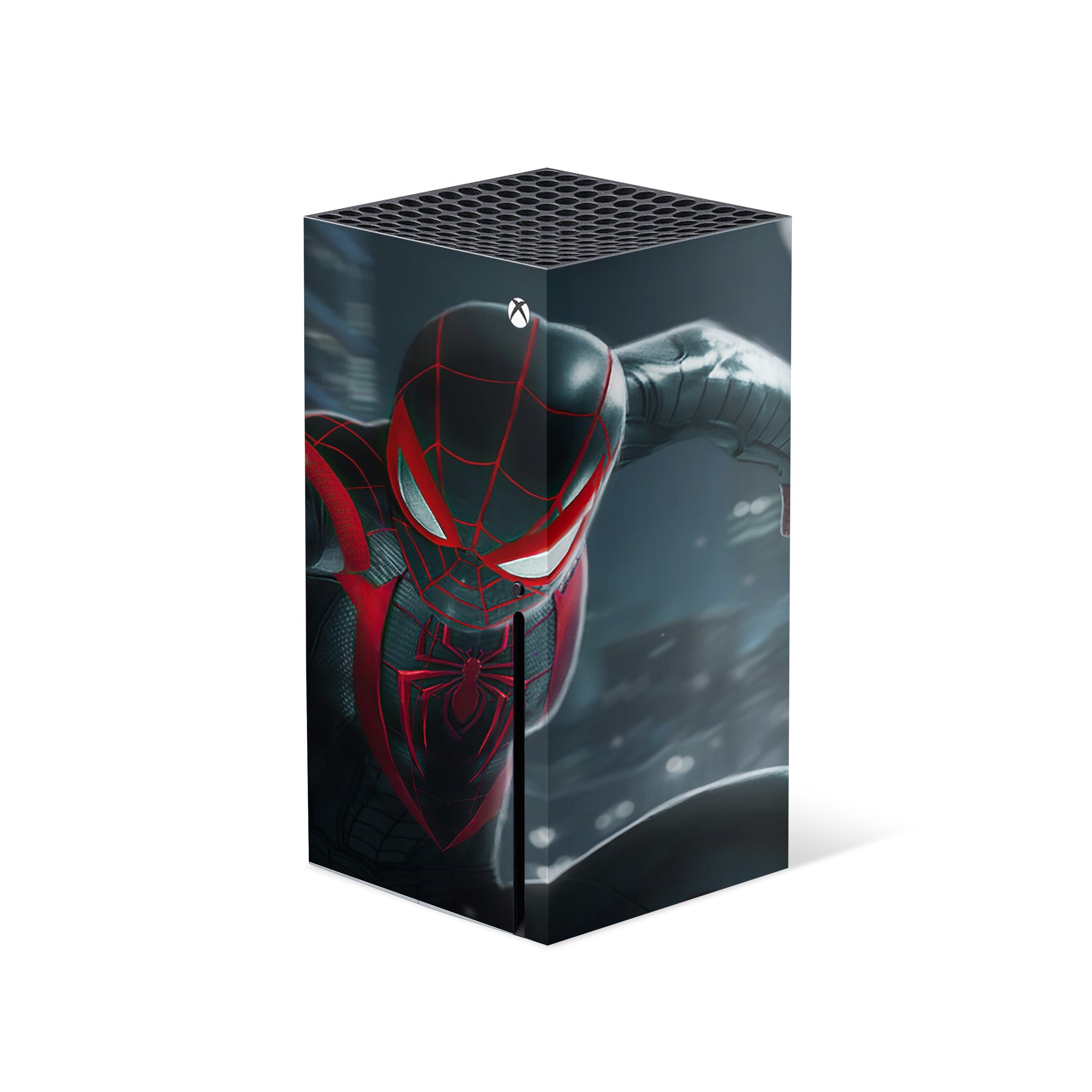 A video game skin featuring a Marvel Spiderman Miles Morales design for the Xbox Series X.