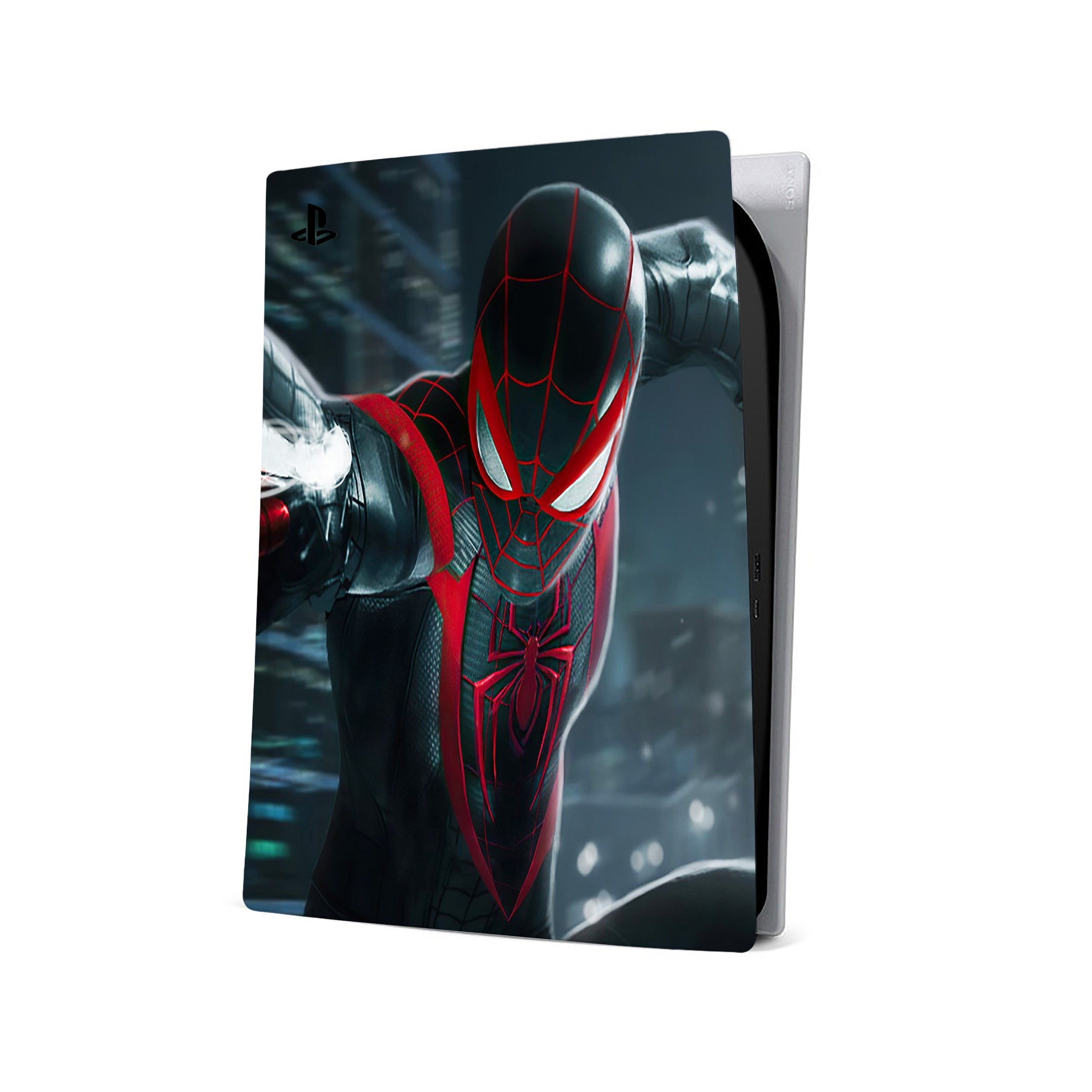 A video game skin featuring a Marvel Spiderman Miles Morales design for the PS5.
