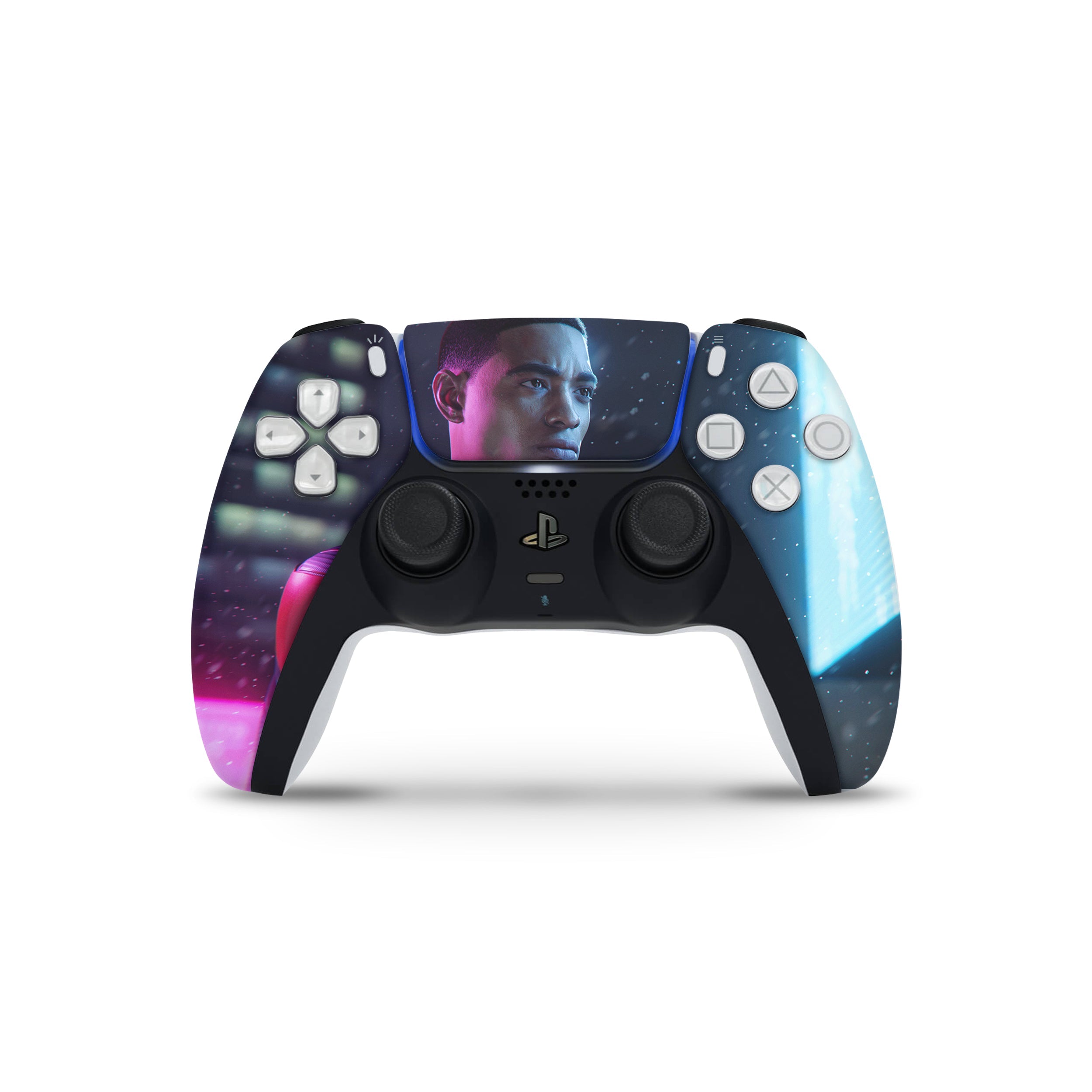 A video game skin featuring a Marvel Spiderman Miles Morales design for the PS5 DualSense Controller.