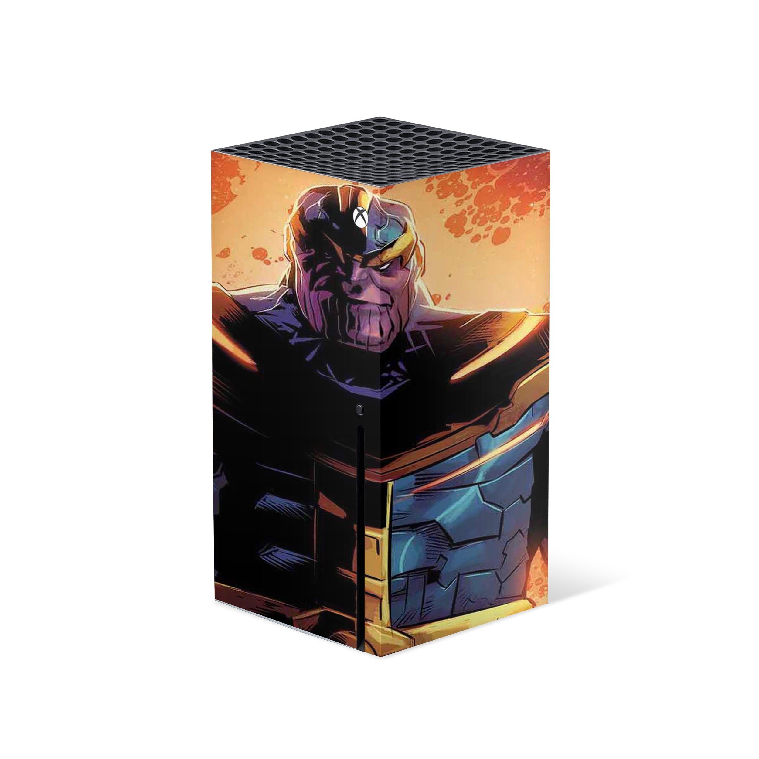 A video game skin featuring a Marvel Thanos design for the Xbox Series X.
