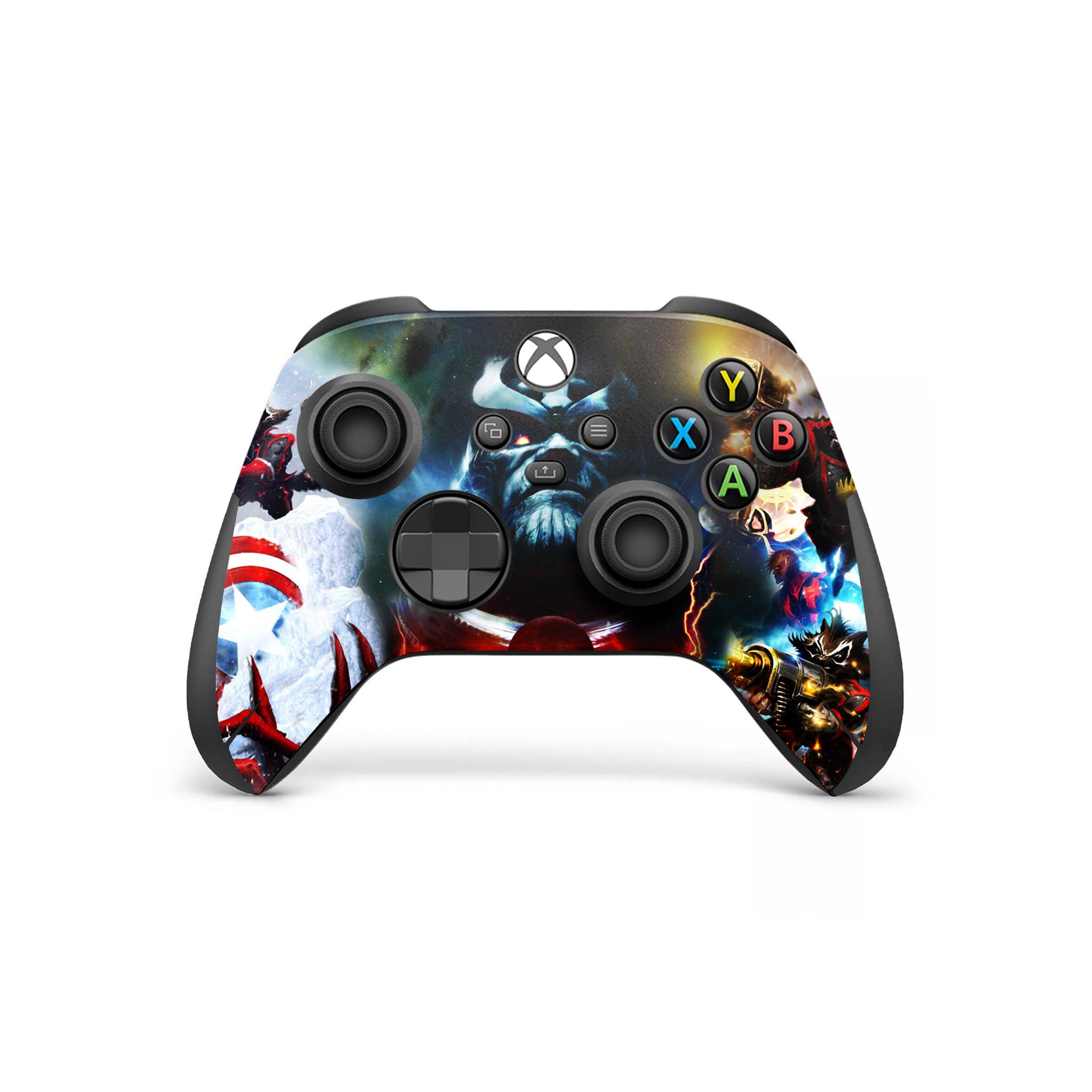 A video game skin featuring a Marvel Thanos design for the Xbox Wireless Controller.