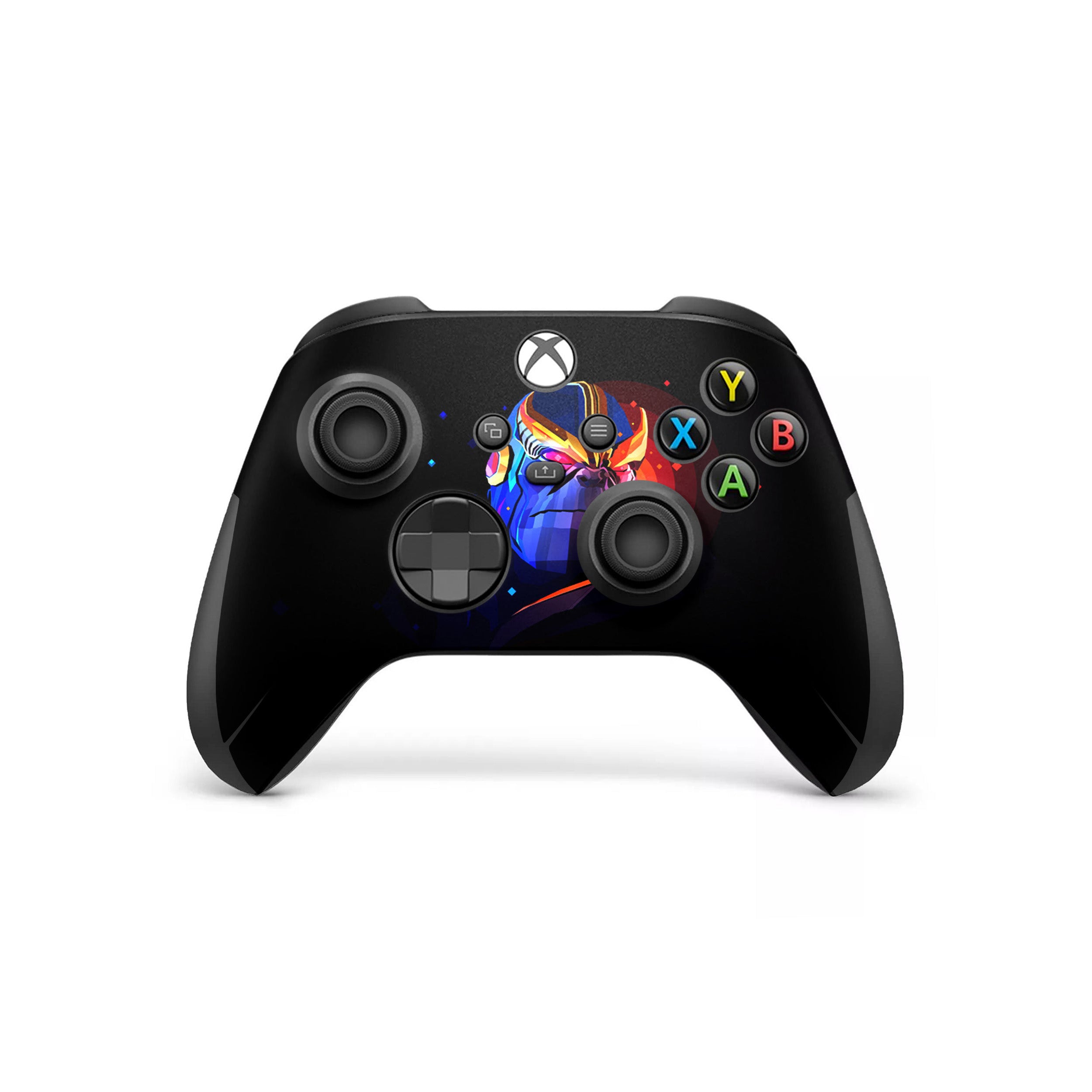A video game skin featuring a Marvel Thanos design for the Xbox Wireless Controller.