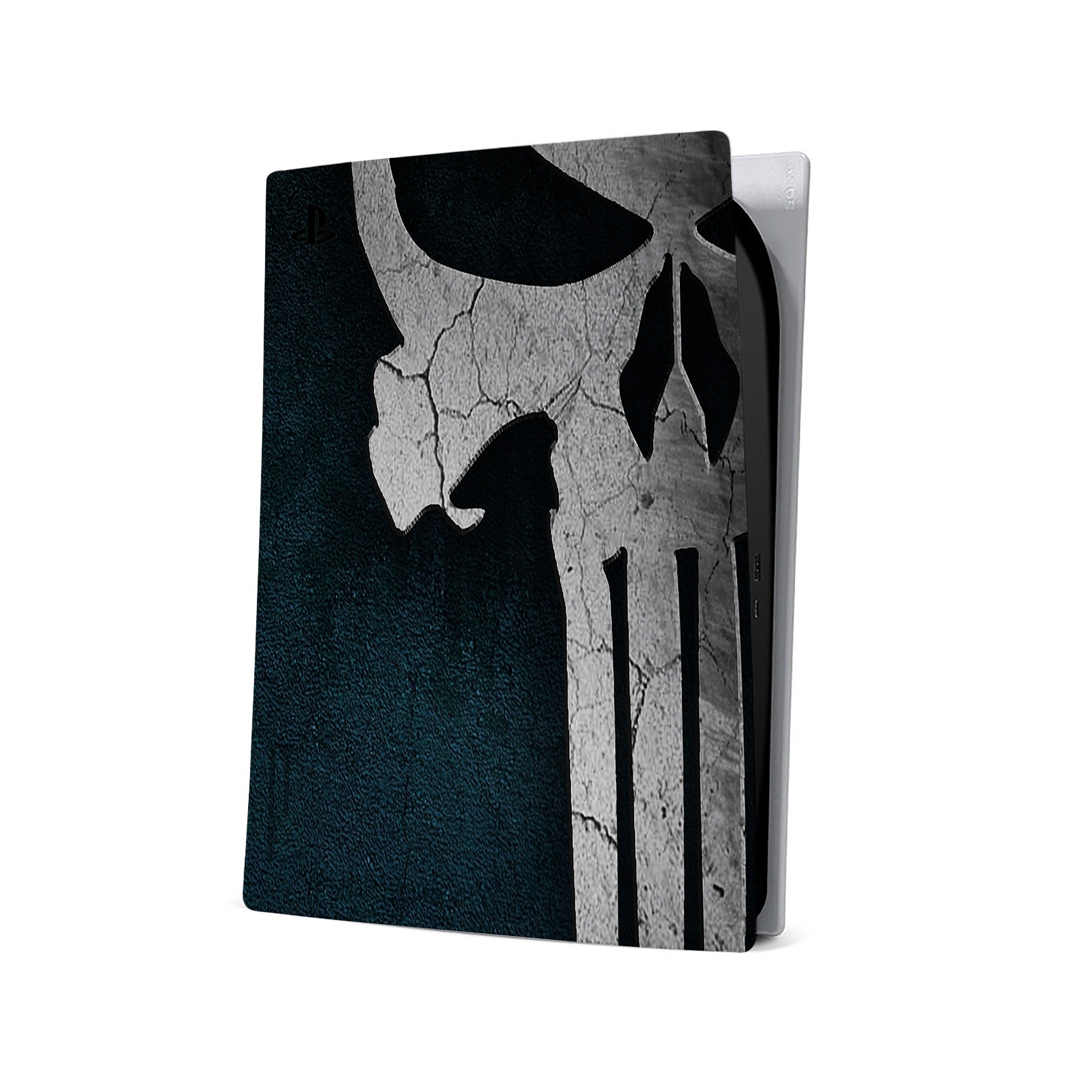 A video game skin featuring a Marvel The Punisher design for the PS5.