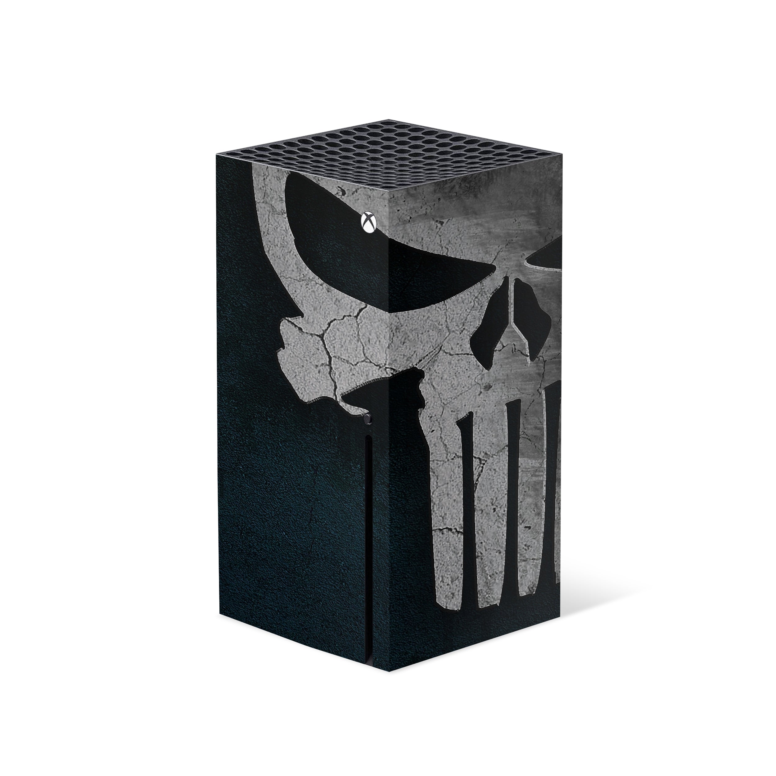 A video game skin featuring a Marvel The Punisher design for the Xbox Series X.