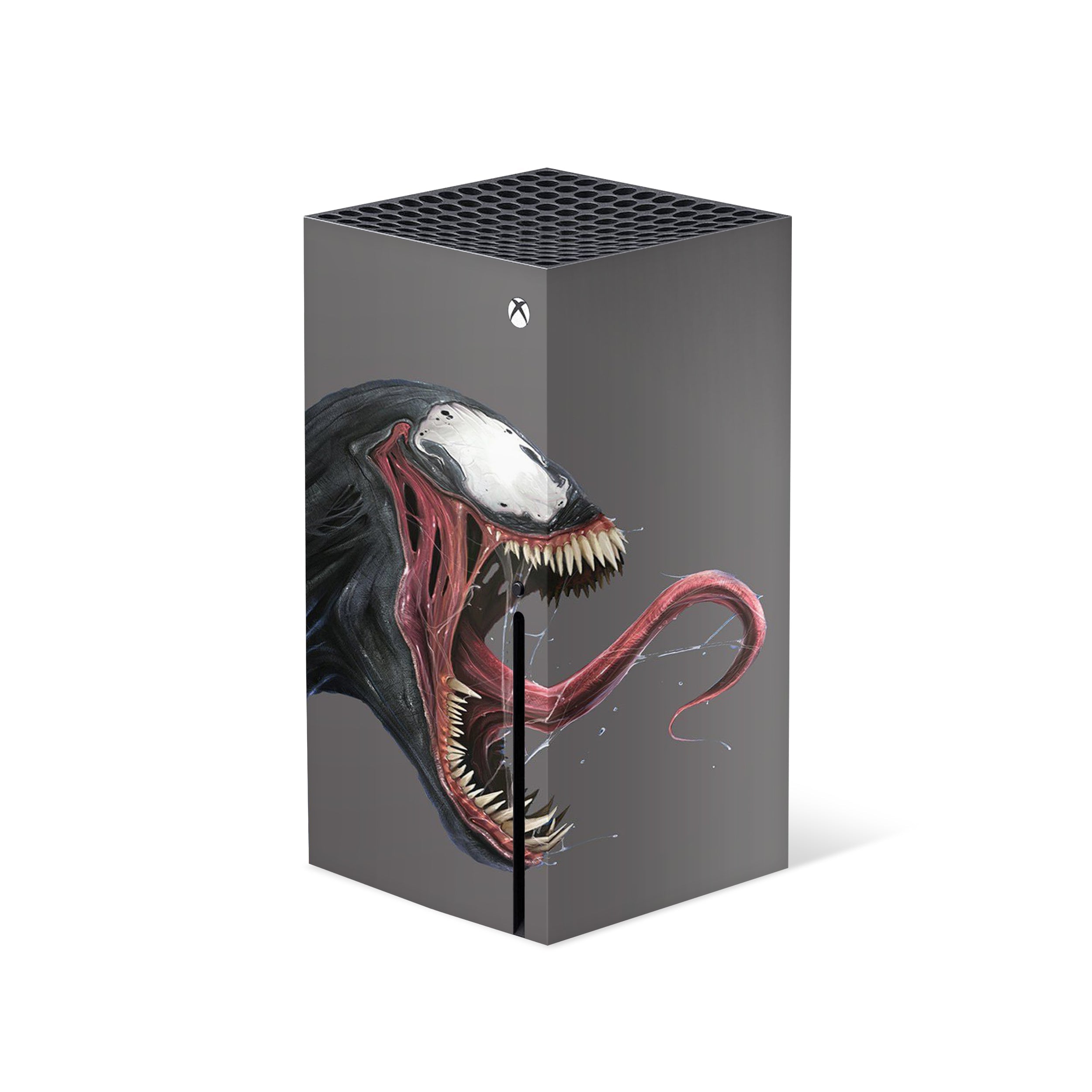 A video game skin featuring a Marvel Venom design for the Xbox Series X.