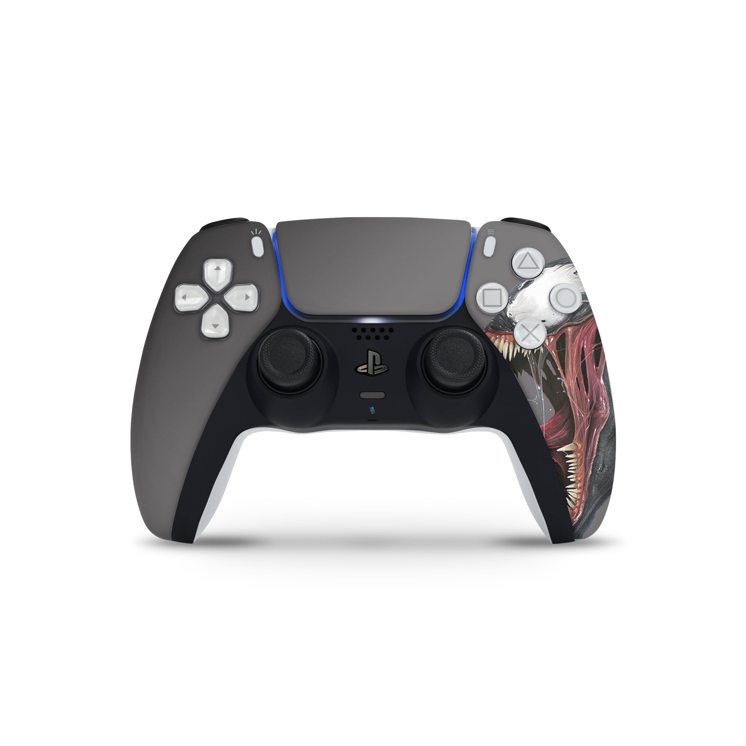 A video game skin featuring a Marvel Venom design for the PS5 DualSense Controller.