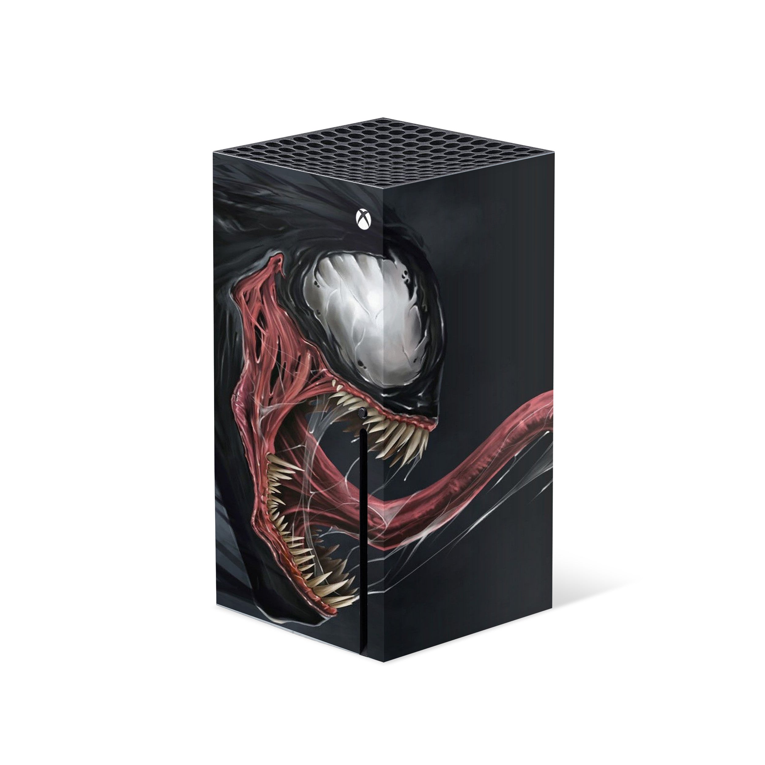 A video game skin featuring a Marvel Venom design for the Xbox Series X.