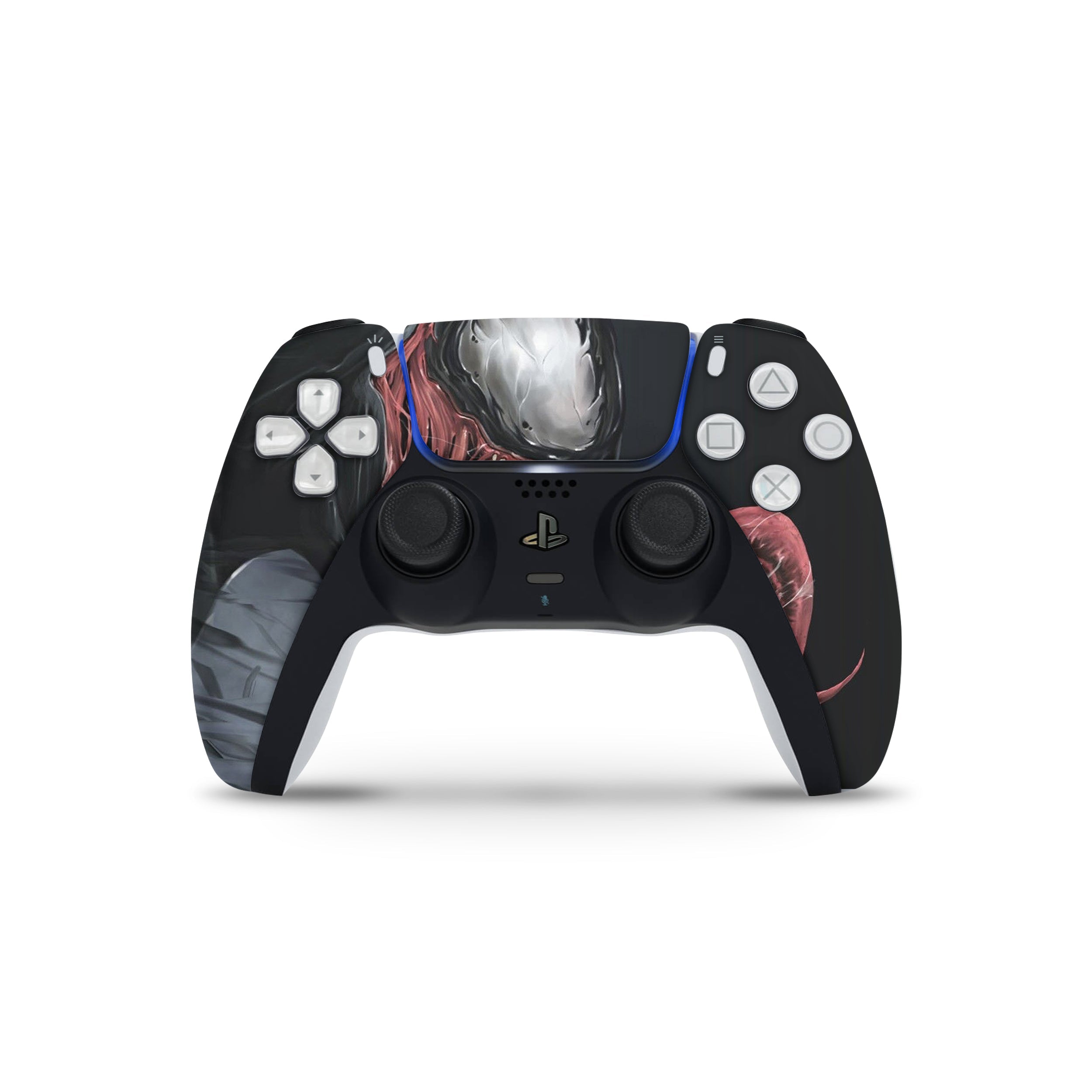 A video game skin featuring a Marvel Venom design for the PS5 DualSense Controller.