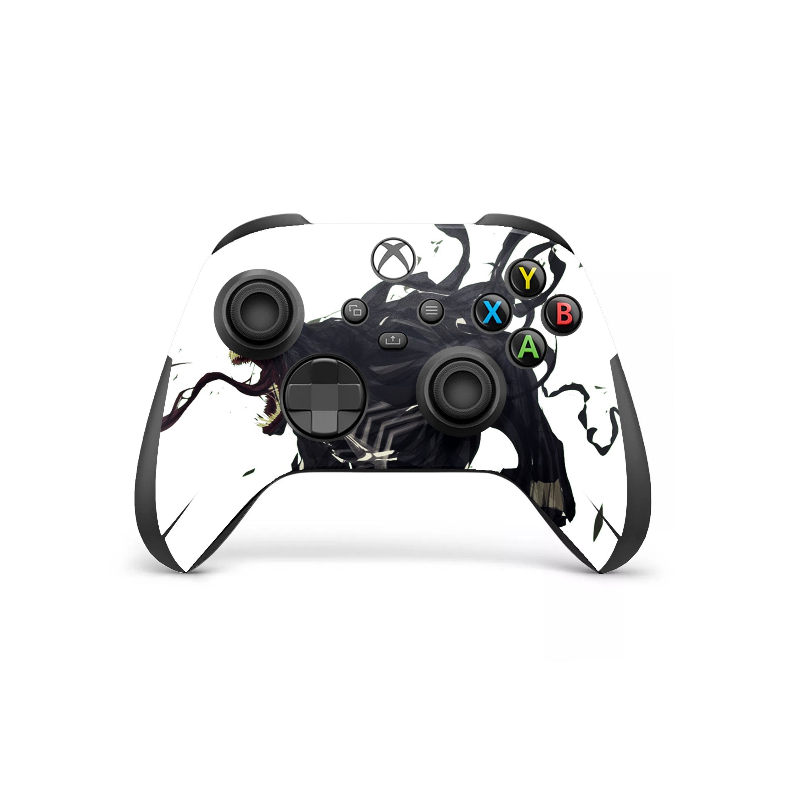 A video game skin featuring a Marvel Venom design for the Xbox Wireless Controller.