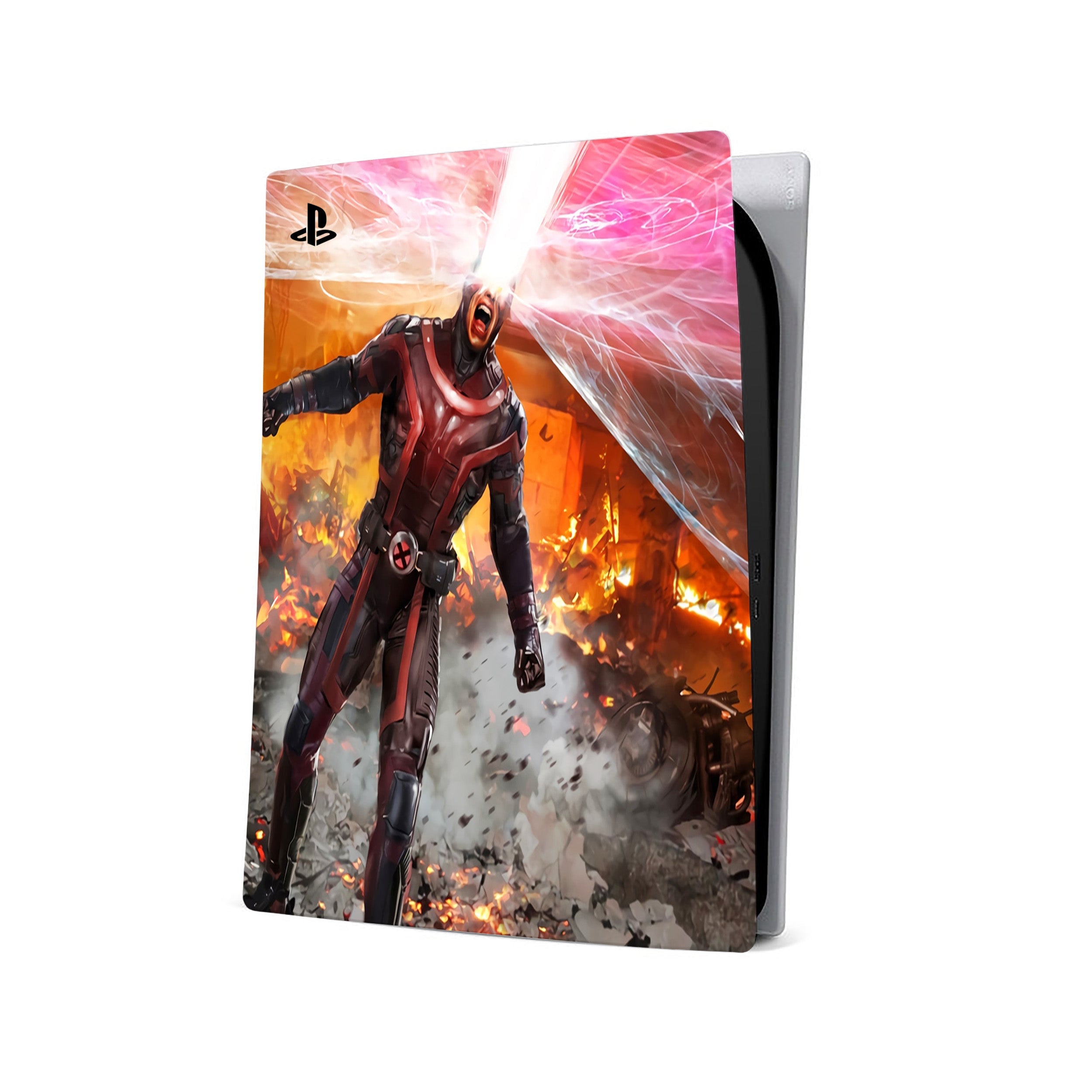 A video game skin featuring a Marvel X Men Cyclops design for the PS5.