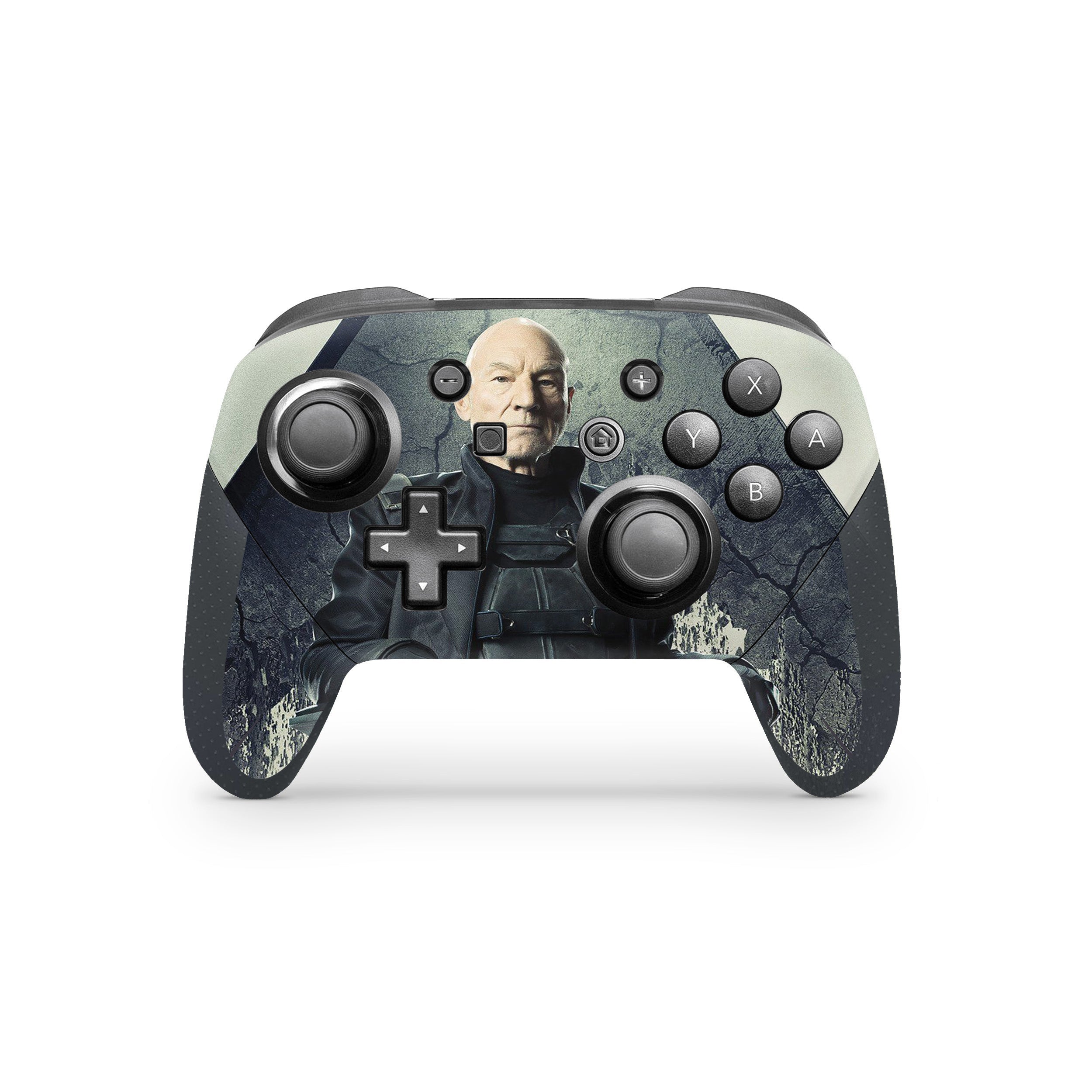 A video game skin featuring a Marvel X Men Professor X design for the Switch Pro Controller.