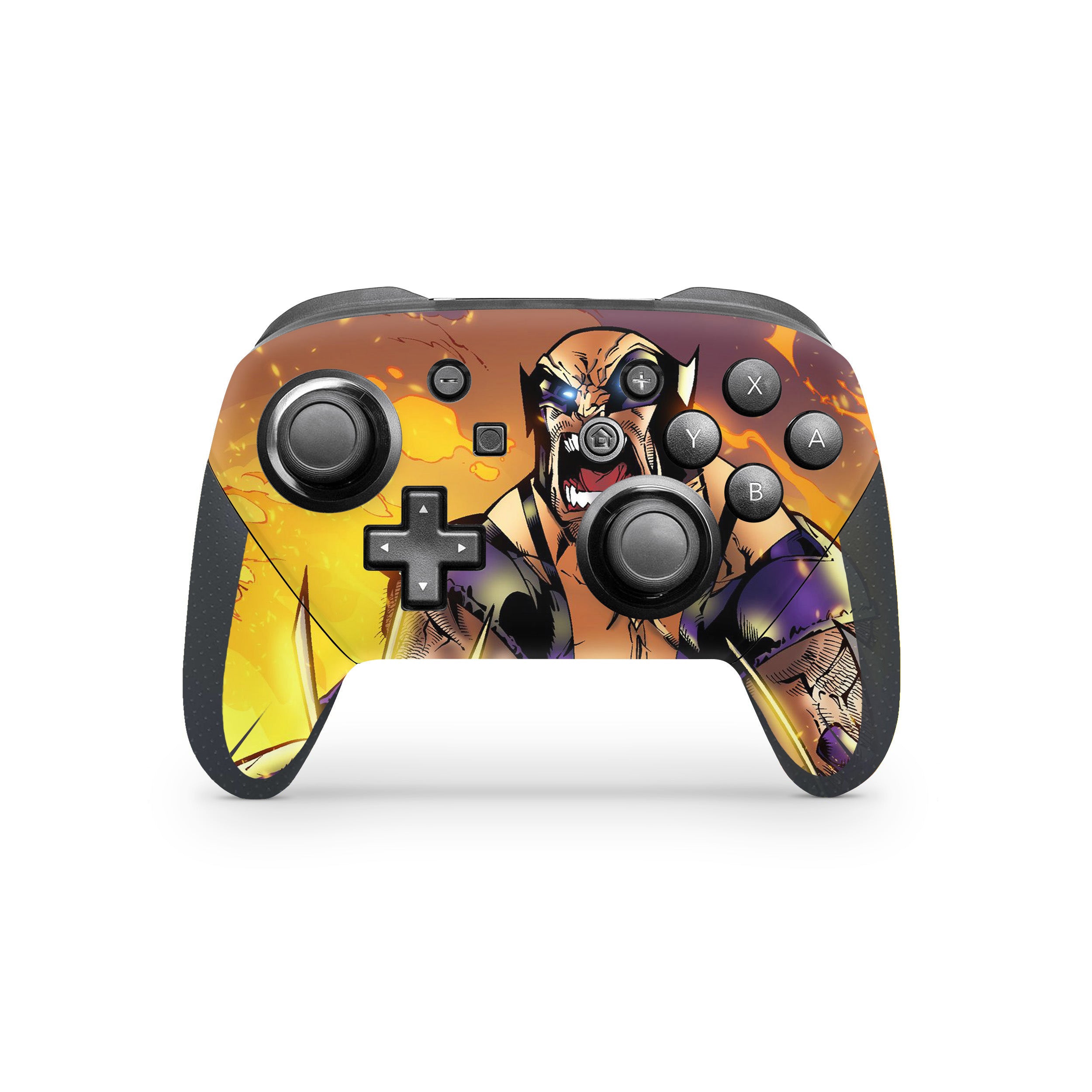 A video game skin featuring a Marvel X Men Wolverine design for the Switch Pro Controller.