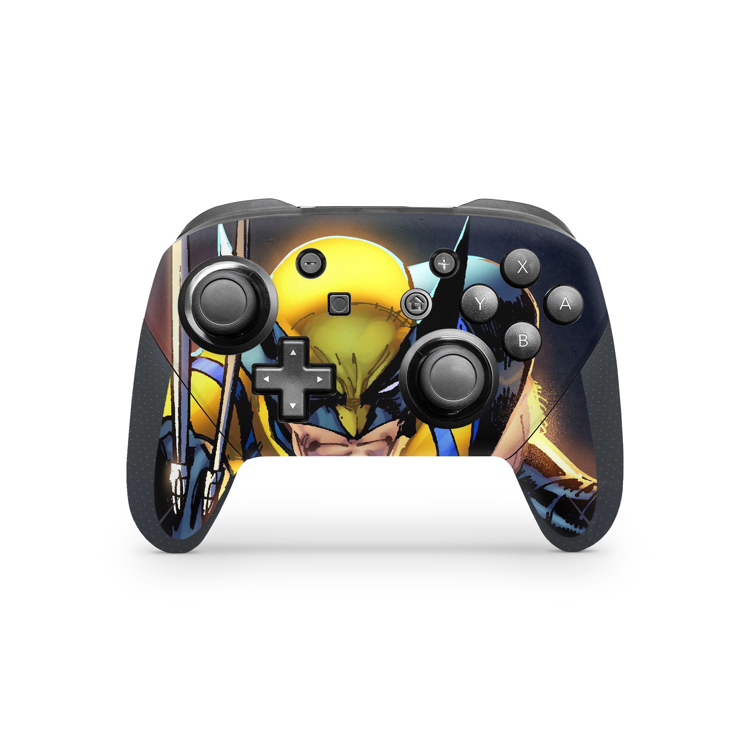 A video game skin featuring a Marvel X Men Wolverine design for the Switch Pro Controller.