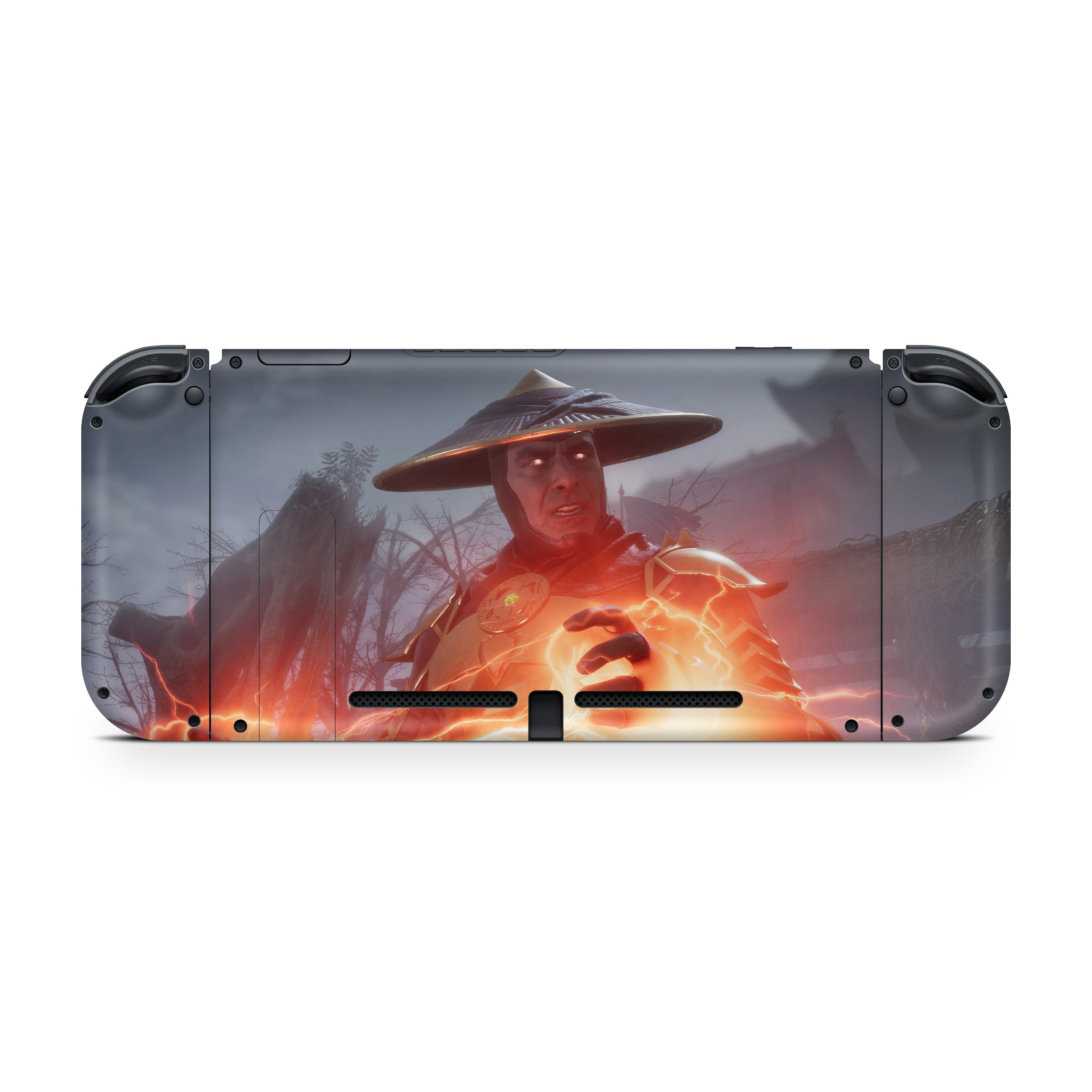 A video game skin featuring a Mortal Kombat 11 Raiden design for the Nintendo Switch.