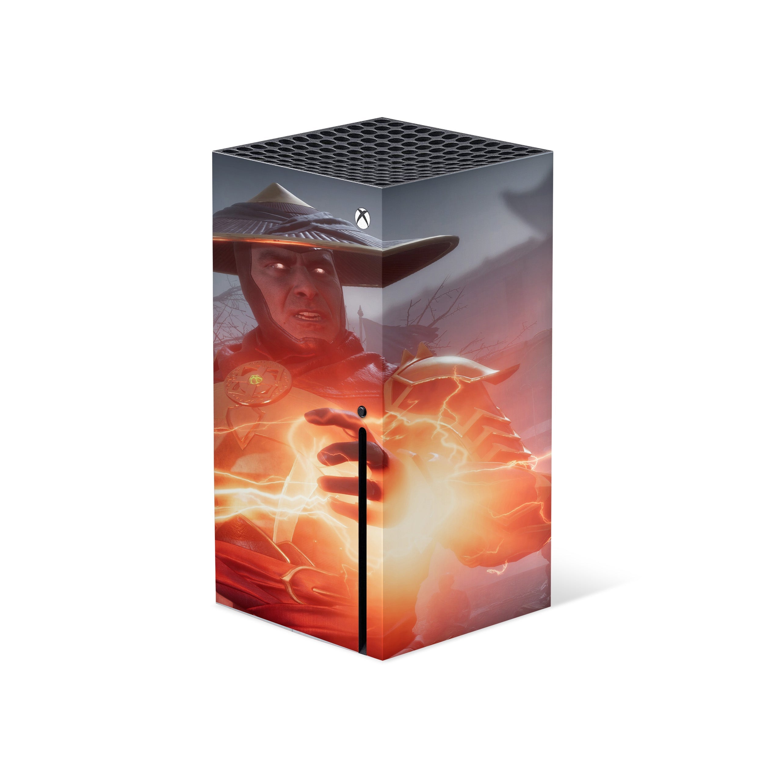 A video game skin featuring a Mortal Kombat 11 Raiden design for the Xbox Series X.
