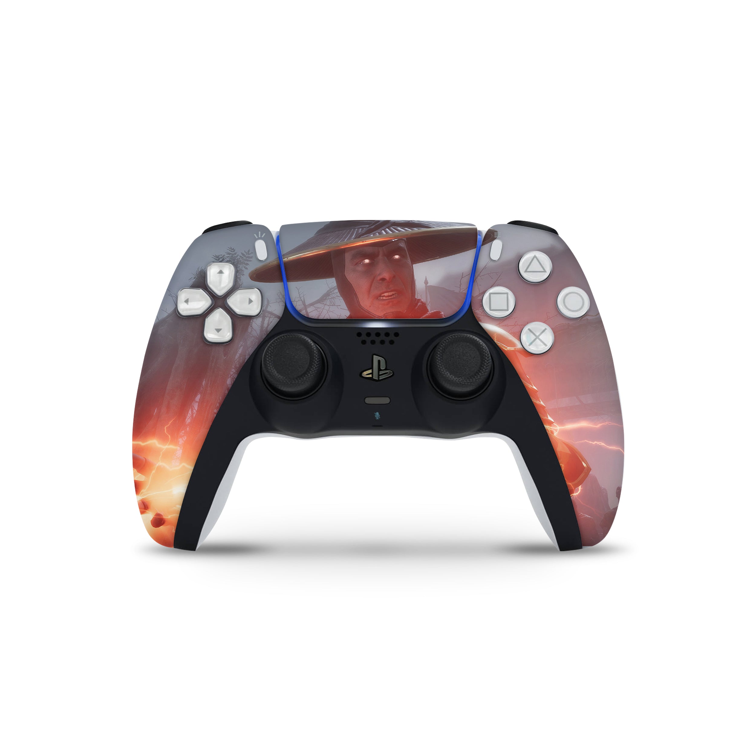A video game skin featuring a Mortal Kombat 11 Raiden design for the PS5 DualSense Controller.