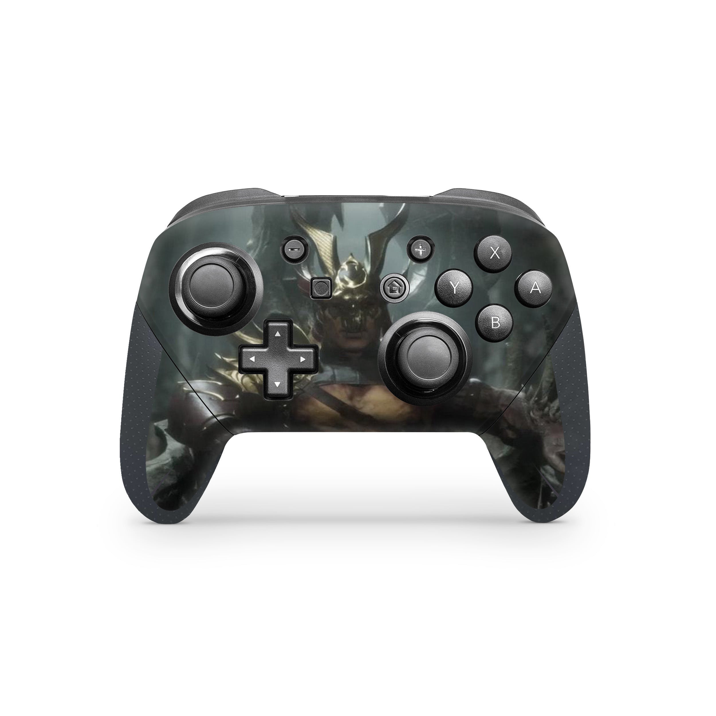 A video game skin featuring a Mortal Kombat 11 Scorpion design for the Switch Pro Controller.