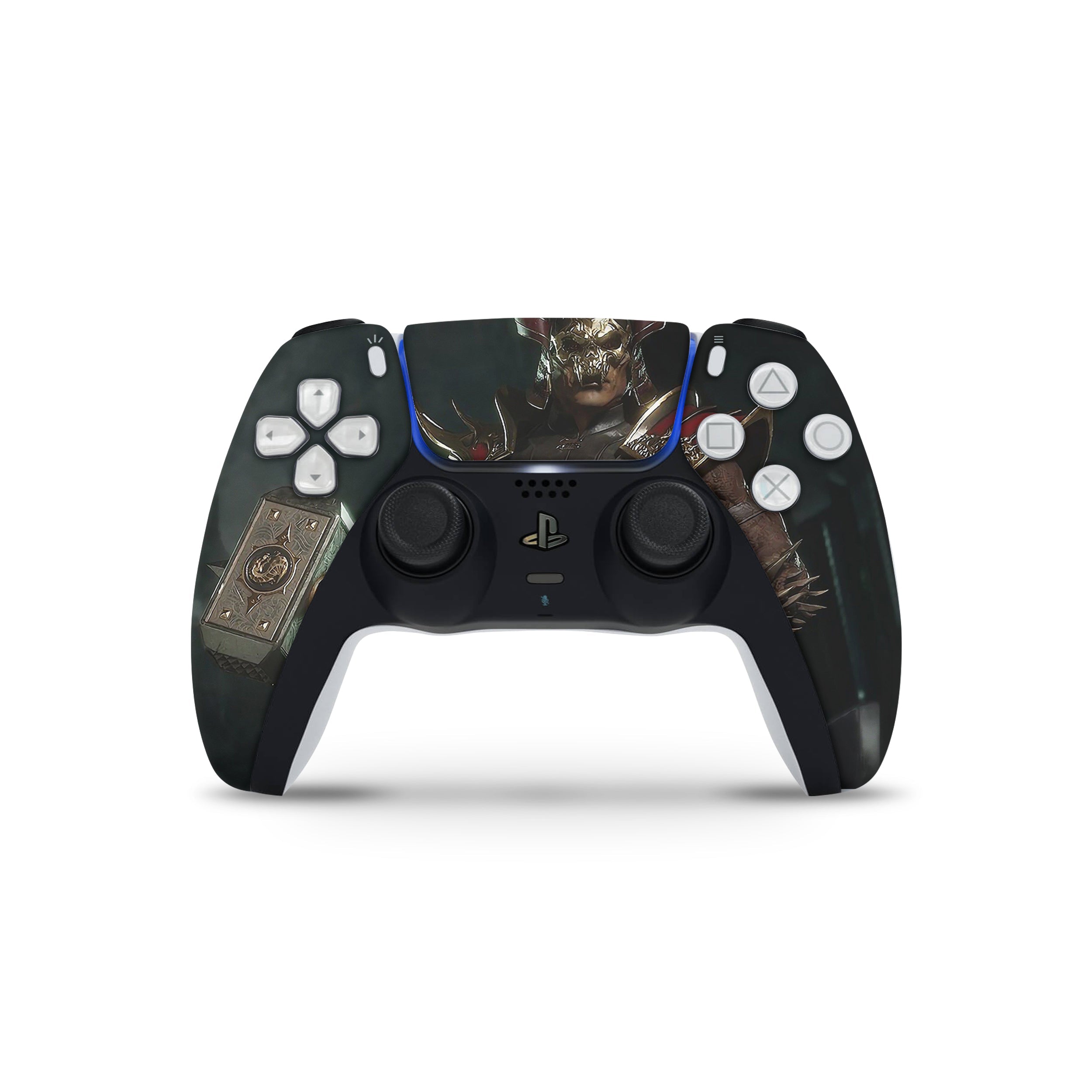 A video game skin featuring a Mortal Kombat 11 Shao Kahn design for the PS5 DualSense Controller.