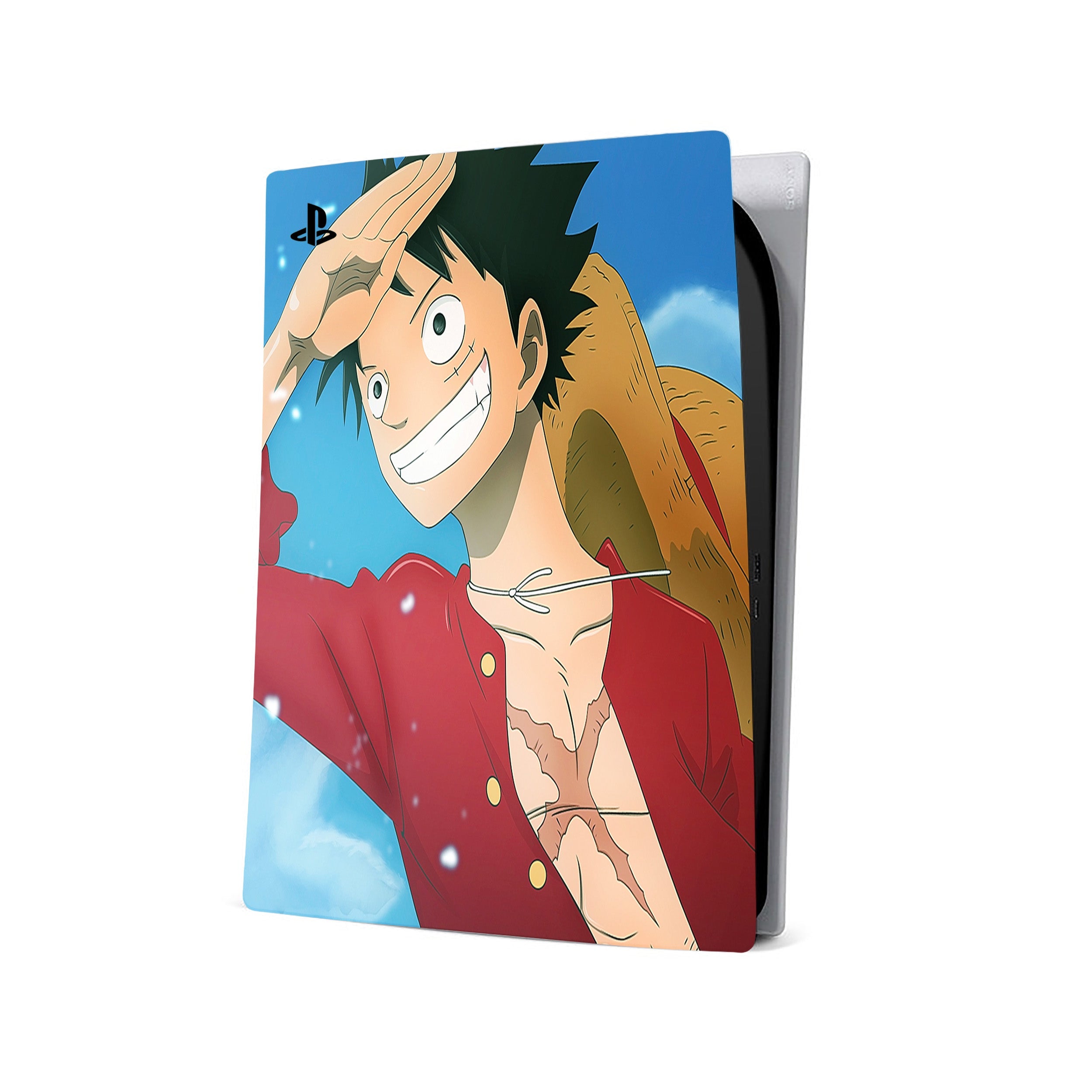 A video game skin featuring a One Piece Monkey D Luffy design for the PS5.